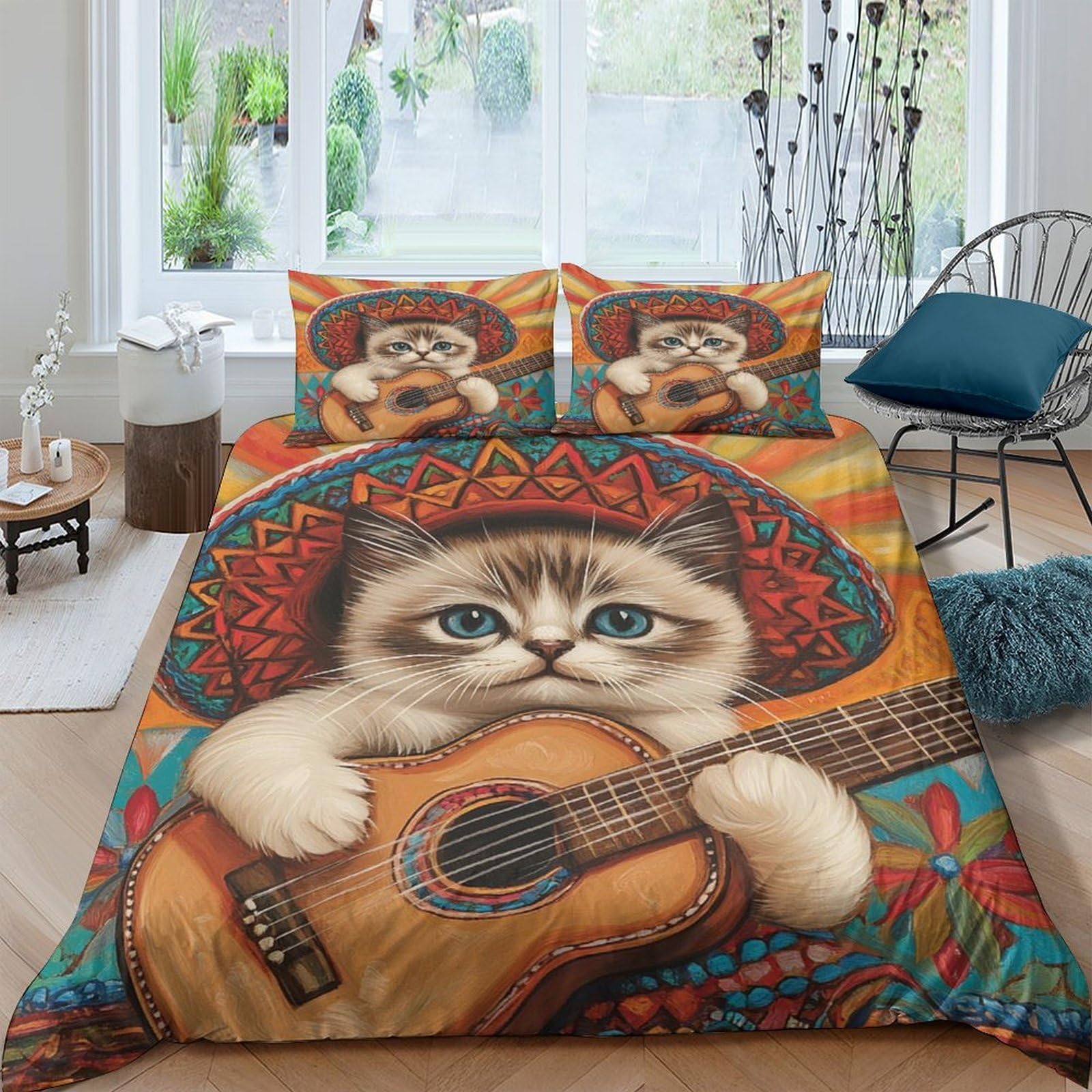 Ctjqhvkz Style-4 3D Printed Cat Guitar Fitted Sheet Microfiber Colourful Artistic Bed Cover For Bedroom Guest Room Easy Care Decor Single（135X200cm）