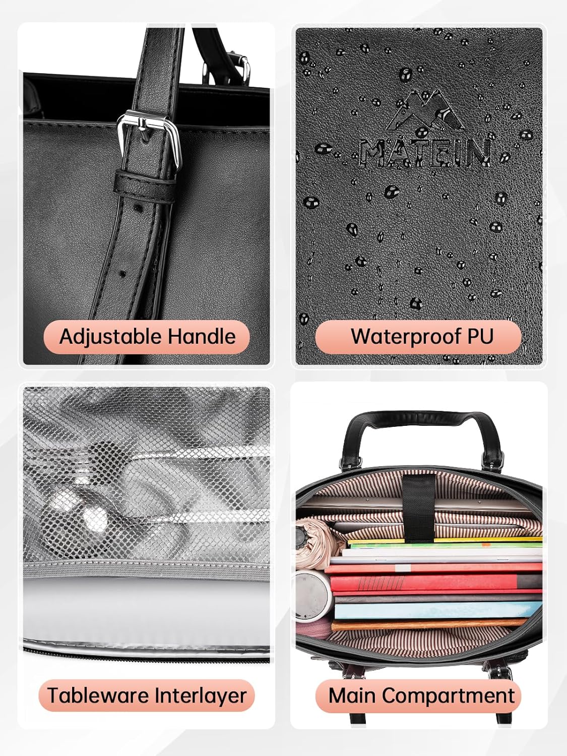 MATEIN 15.6 Inch Insulated Lunch Tote Bag, Lightweight Laptop Purse with Zipper, Stylish & Waterproof Work Handbag, Large Multi-pocket Tote for Computer Accessories, Commute, Office & Daily Use