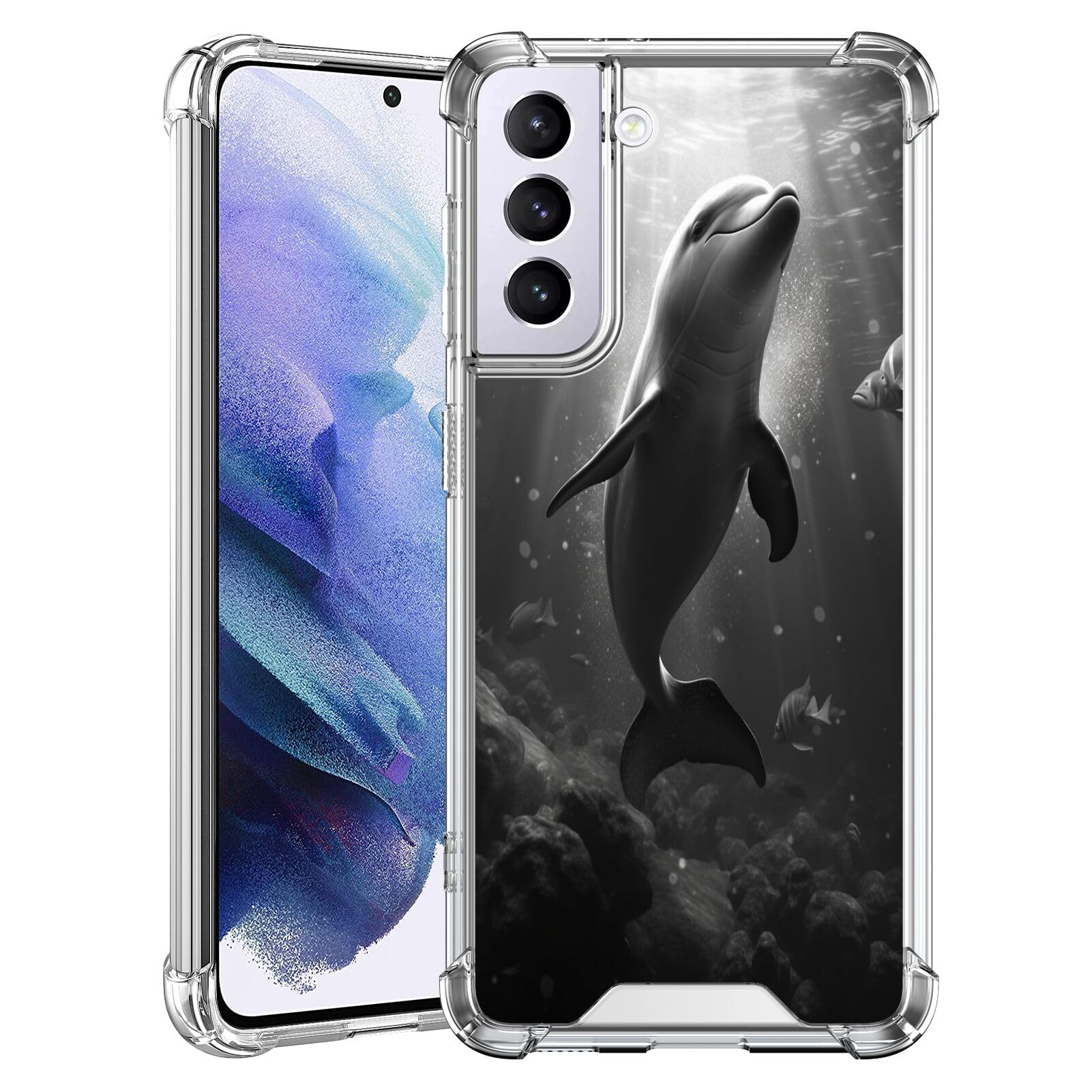 Transparent Phone Case for Samsung Galaxy S22 with Dolphin-aa12 Pattern Four Corner Airbag Shockproof Durable Mobile Phone Protective Case Smartphone TMTP