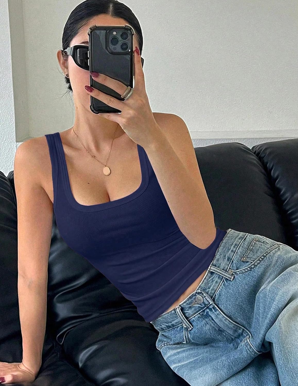 Tank Top for Women Square Neck Tops Ribbed Fitted Tank Tops Sleeveless Basic Cami Shirts Y2K Outfits Navy Blue - Image 4