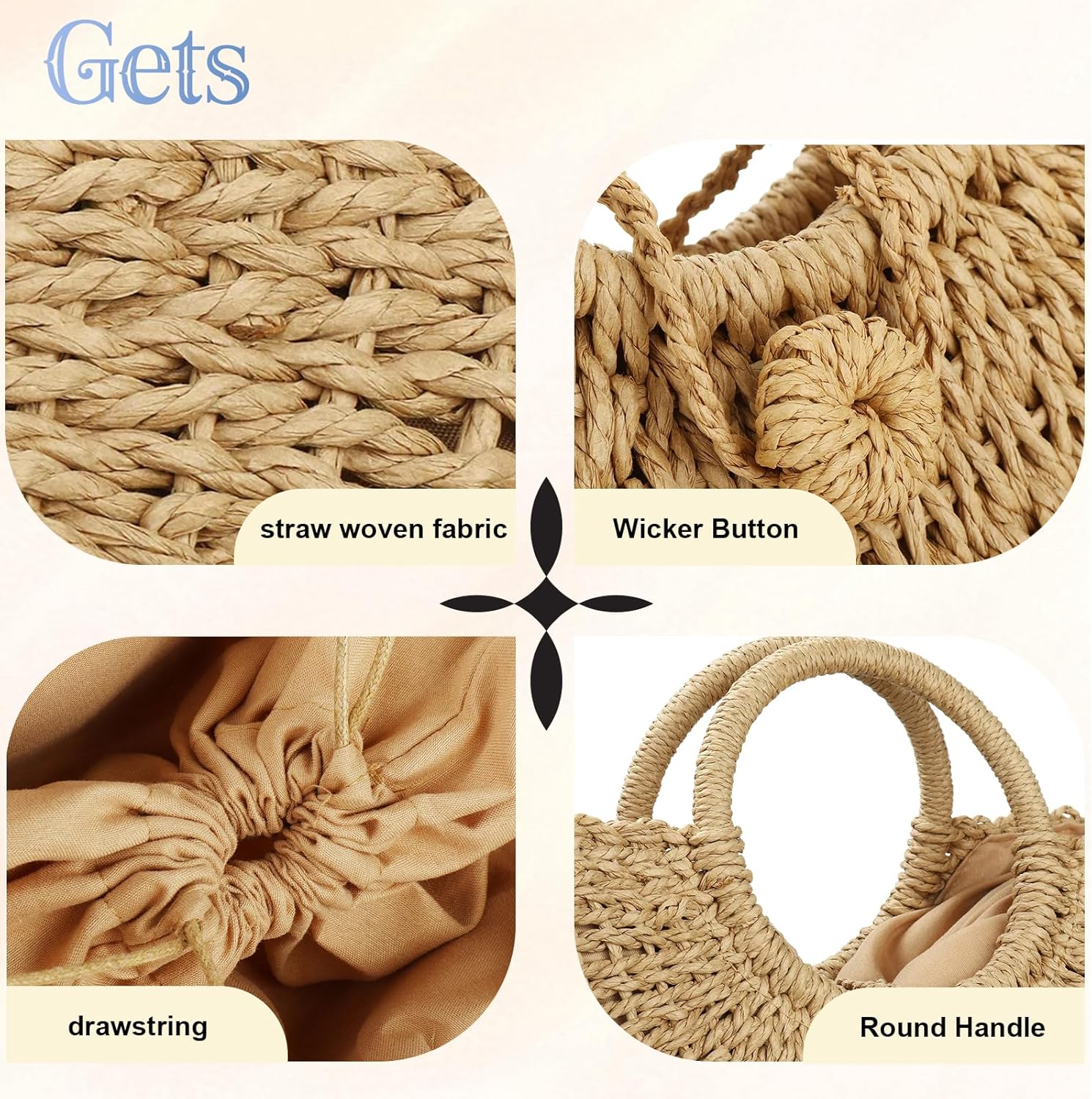 Gets Handwoven Rattan Top-handle Bag for Women Bohemian Round Straw Tote Bag Beach Large Carrying Handbag