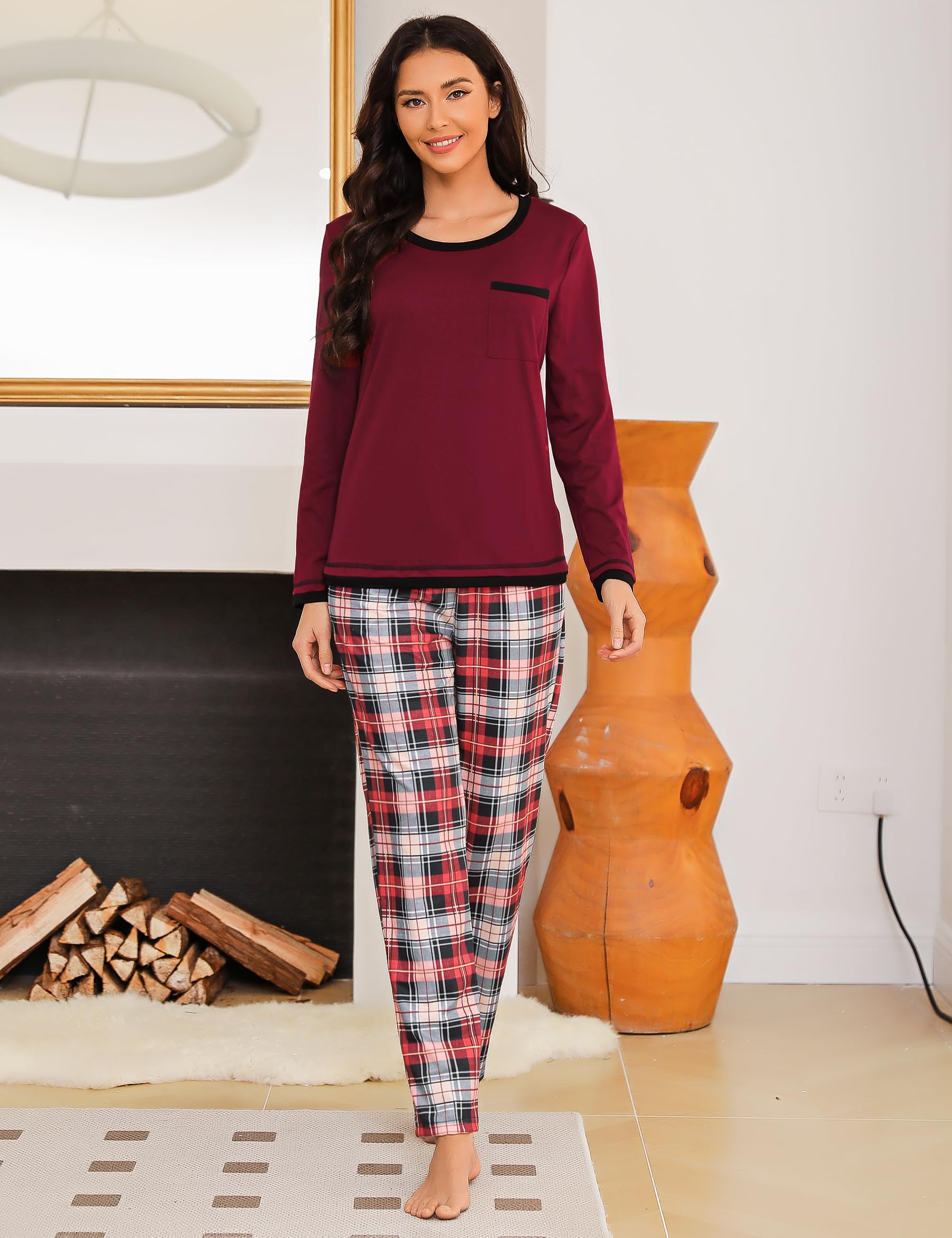 Marvmys Pigiama da Donna in Cotone Manica Lunga Pigiama Due Pezzi Invernale T-Shirt e Pantaloni con Tasche