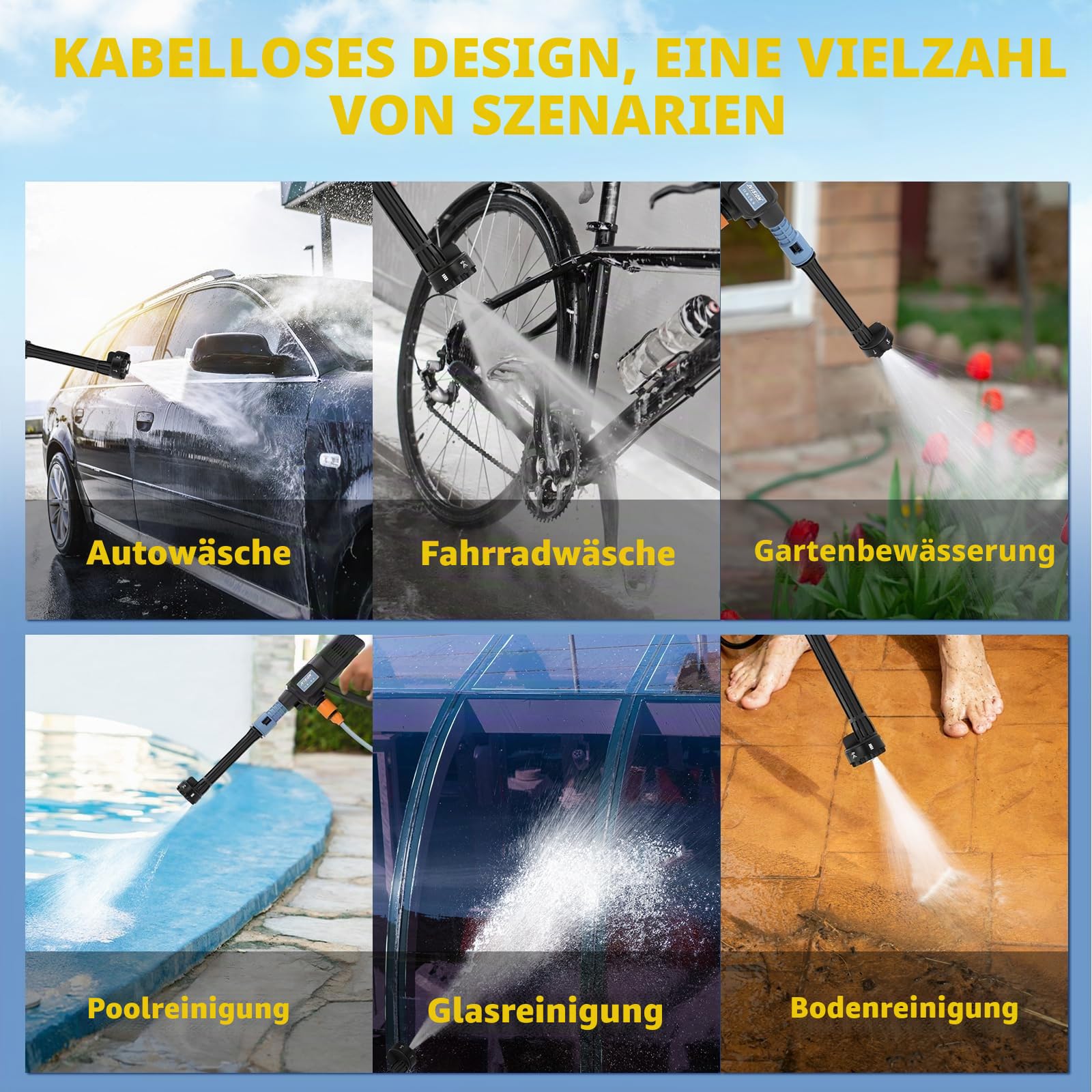 JVISION Akku Hochdruckreiniger Mobiler mit Wasserhahnanschluss & 2X 4000mAh Akku, Kabelloser Pressure Wascher mit 6-in-1 Düse für Auto, Terrasse, Hausreinigung