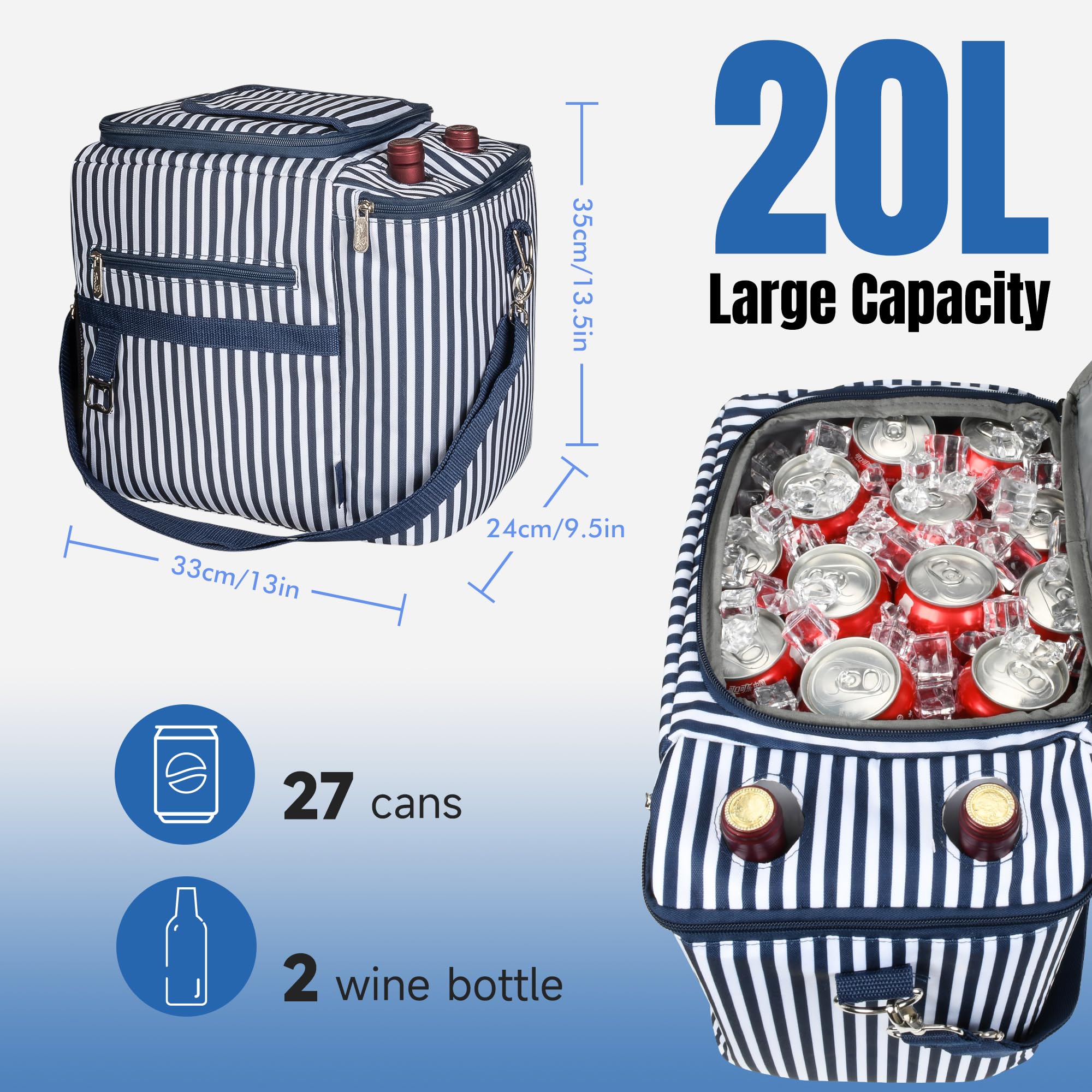 Gran Bolsa térmica de Picnic a Prueba de Fugas, Bolsa de Picnic aislada Bolsa de Comida para el Almuerzo con Correa de Hombro Ajustable para Picnic Camping Trabajo, Raya Azul