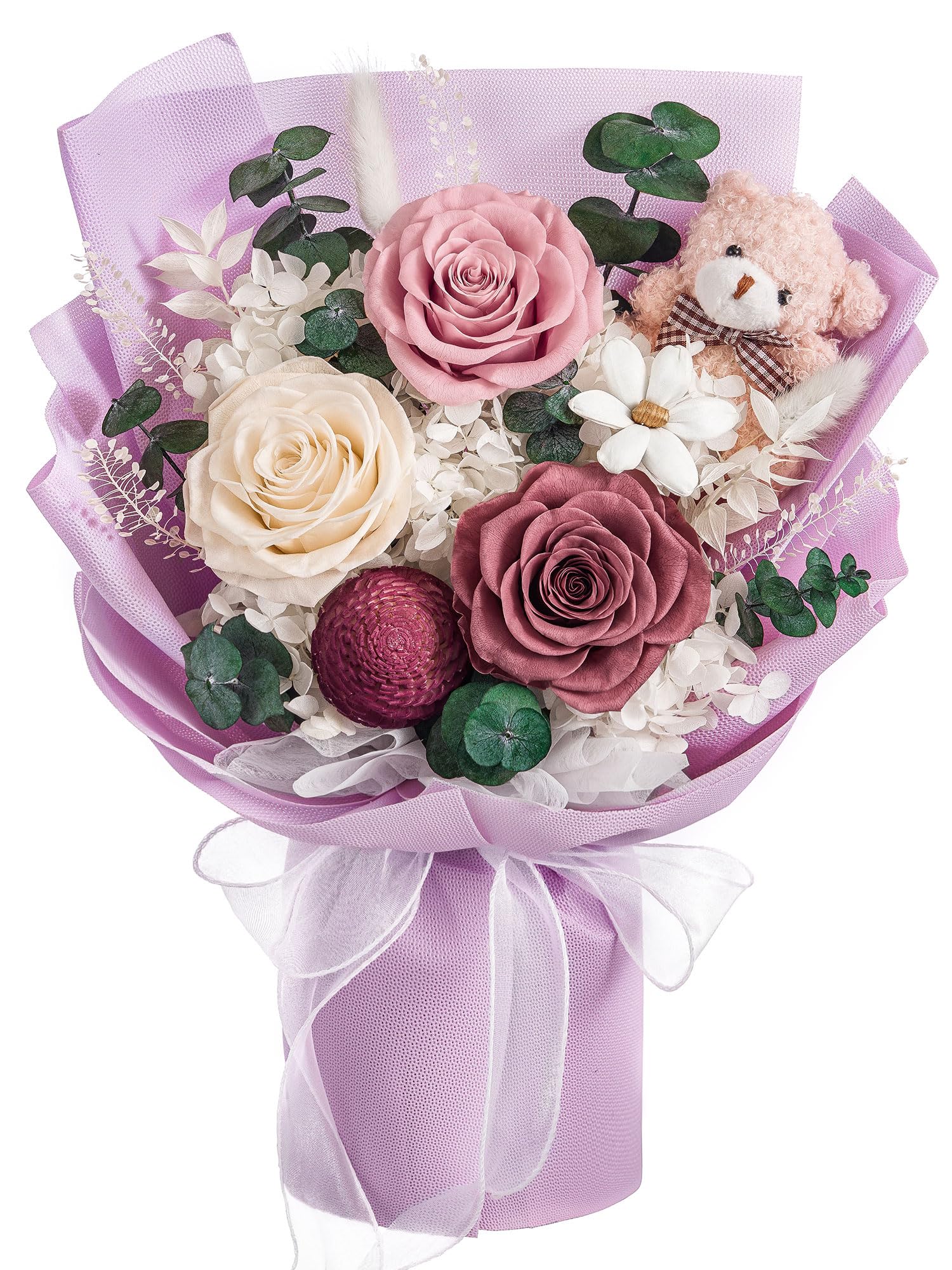 Ramo de flores preservadas de 3 piezas con caja de regalo de oso para esposa, madre, día de San Valentín, día de la madre, aniversario, cumpleaños (morado)