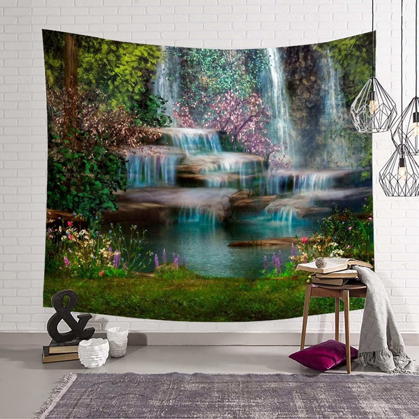 Aotiwe Dekoracja ścienna do pokoju, dywan ścienny w stylu boho, długie drzewa i wodospad, zielono-brązowy, 240 x 220 cm, dekoracja ścienna