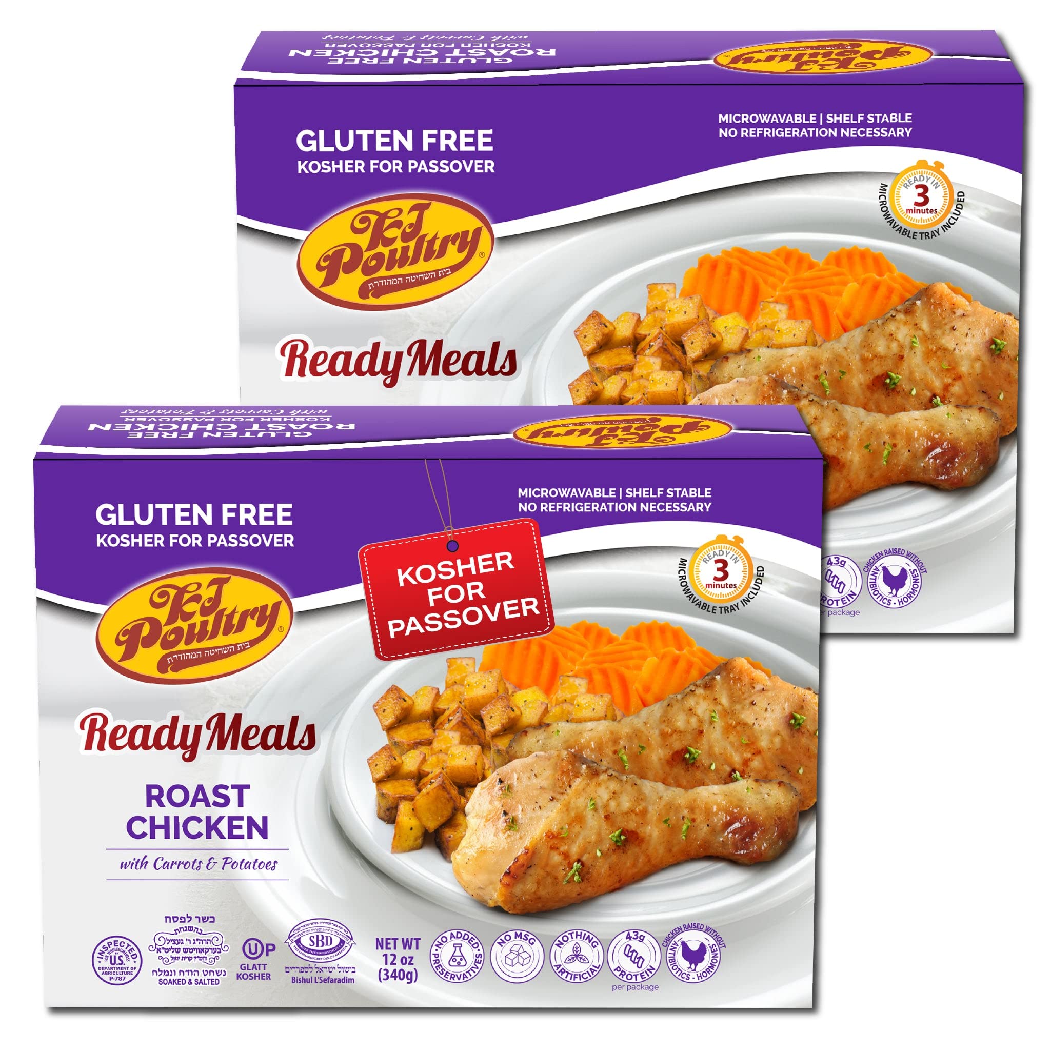 KJ Poultry Kosher for Passover Gluten Free Meals, Roast Chicken with Potato & Carrots, Halal, (2 Pack) Prepared Entree Fully Cooked, Shelf Stable Microwave Dinner, Travel Military Camping