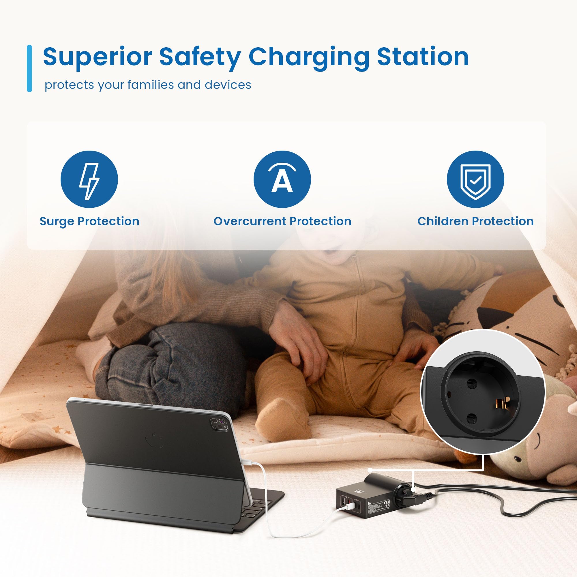 USB-laadstation GaN 65 W snel 4 poorten (2A 2C) PD3.0 PPS. Meervoudige contactdoos 2 x Schuko 45° kabel 1,5 m Schuko-stekker 16 A. Voor MacBook Pro/Air, Laptop USB-C, iPhone 14/13/12, Samsung Galaxy
