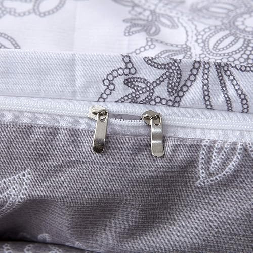 Miniatura 8 de FADFAY Juego de funda de edredón reversible, tamaño matrimonial, diseño floral vintage, 100% algodón, ultra suave, gris y blanco, con cierre de