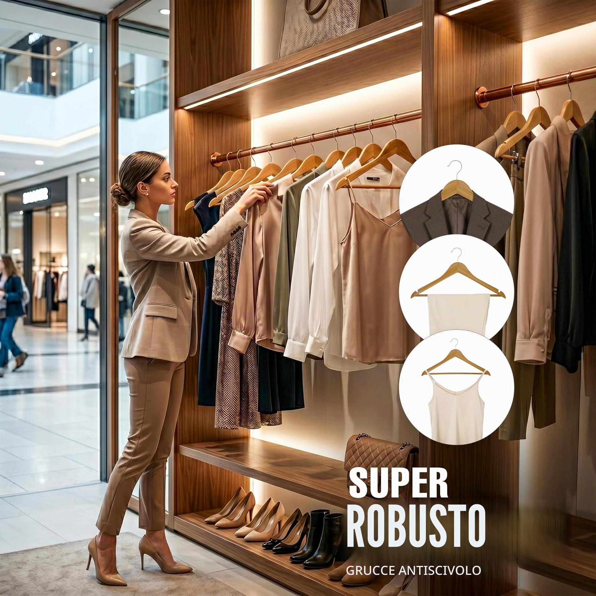 Utopia Home grucce in legno Antiscivolo con barra rotonda per pantaloni e scanalature per le spalle - Grucce durevoli e sottili per cappotto, abito, pantaloni, giacca (Confezione da 20, Naturale)
