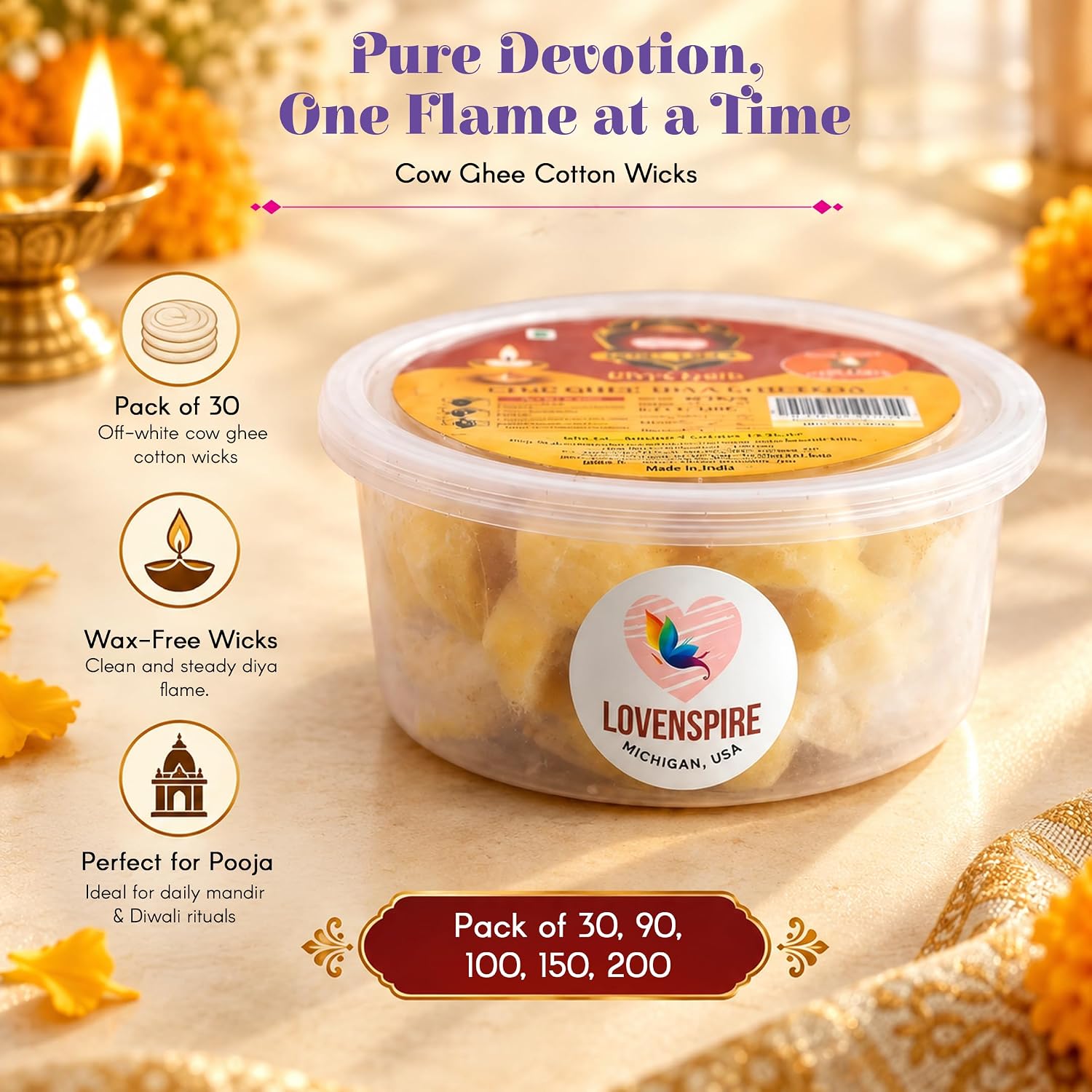 LOVENSPIRE Pure Cow Ghee Wicks for Pooja Diya (30 Pcs) Wax-Free Desi Ghee Batti, Up to 35 Min Long Burning, Ready-to-Use Cotton Jyot for Home Mandir, Indian Puja Rituals, Diwali Decor & Return Gifts