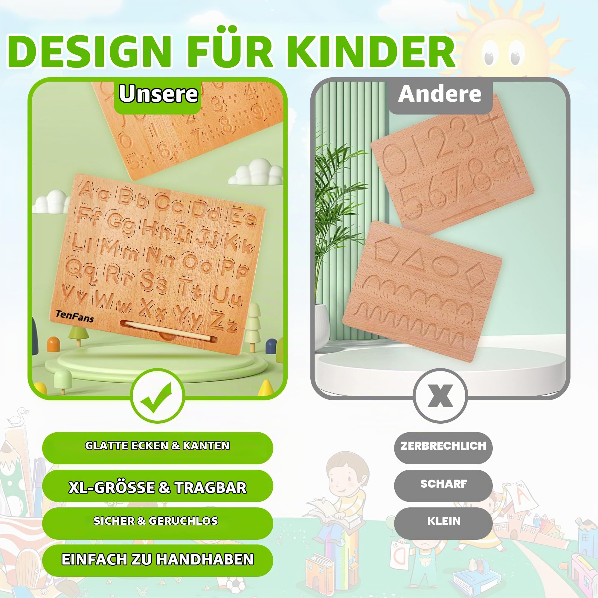 TanFans Holz-Alphabet Schreibtafel - Montessori Lernspielzeug für Vorschulkinder - Feinmotorik fördern - ABC Schreiben Lernen - beidseitiges Übungstool - Geschenk für 3-5 Jahre alte Kinder