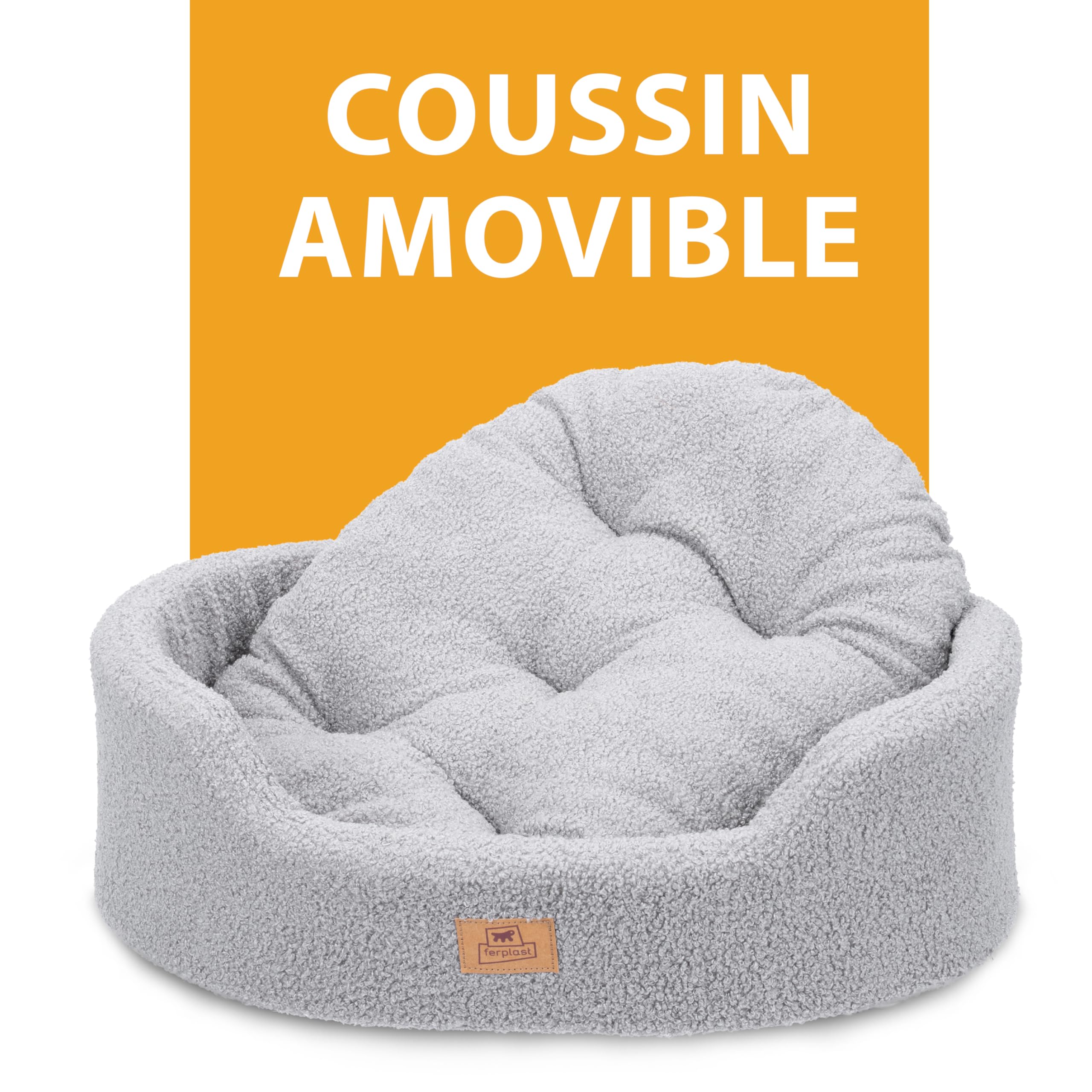 Ferplast Coussin pour Chien de Taille Moyenne, Panier pour Chat, Tissu bouclé synthétique Lavable, Rembourrage Moelleux, 65 x 46 x H 17 cm. Gris