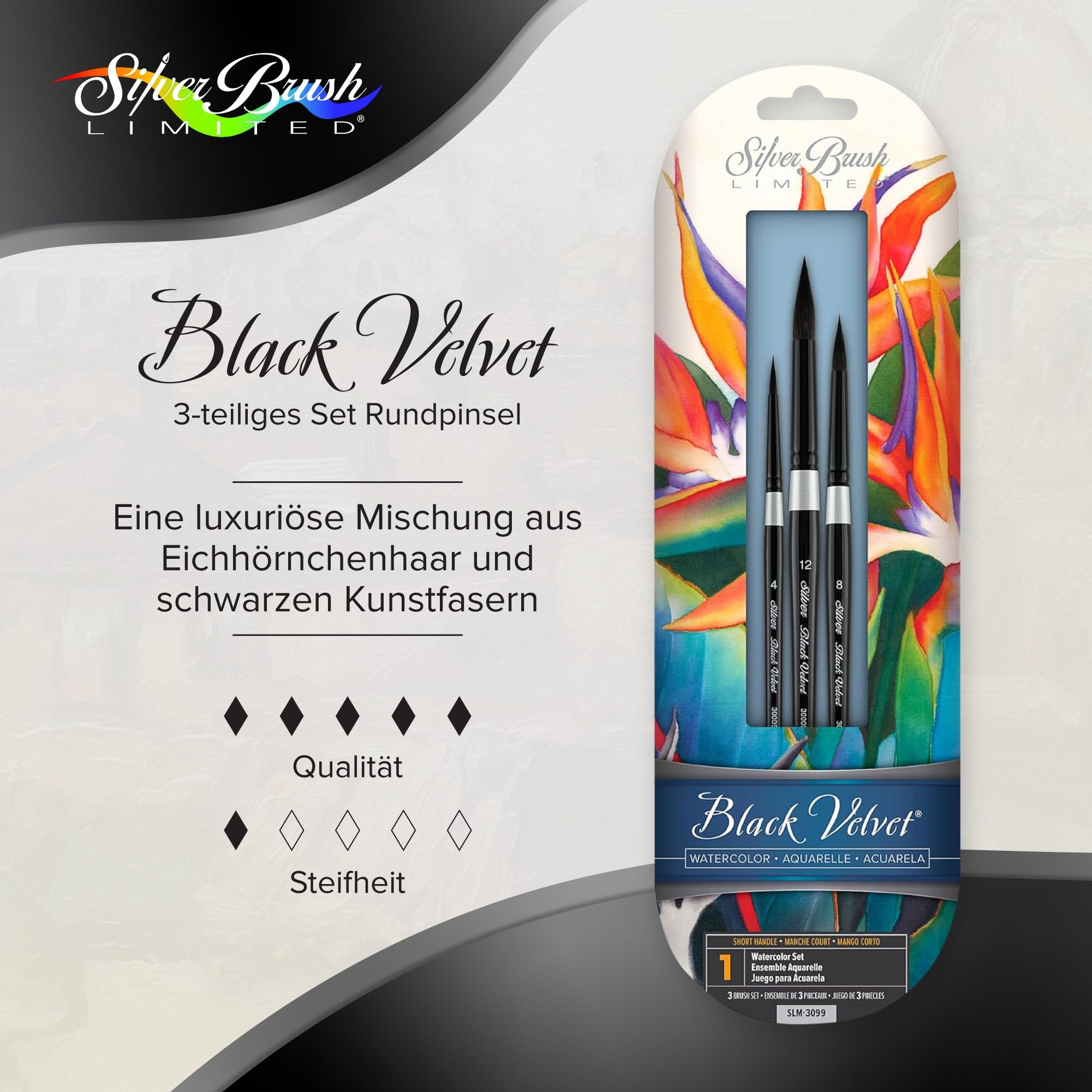 Silver Brush Limited SLM 3099 Susan Louise Moyer Basic Aquarellpinsel-Set, 3-teilig, Schwarz Samt Rundpinsel, Größen 4, 8 und 12