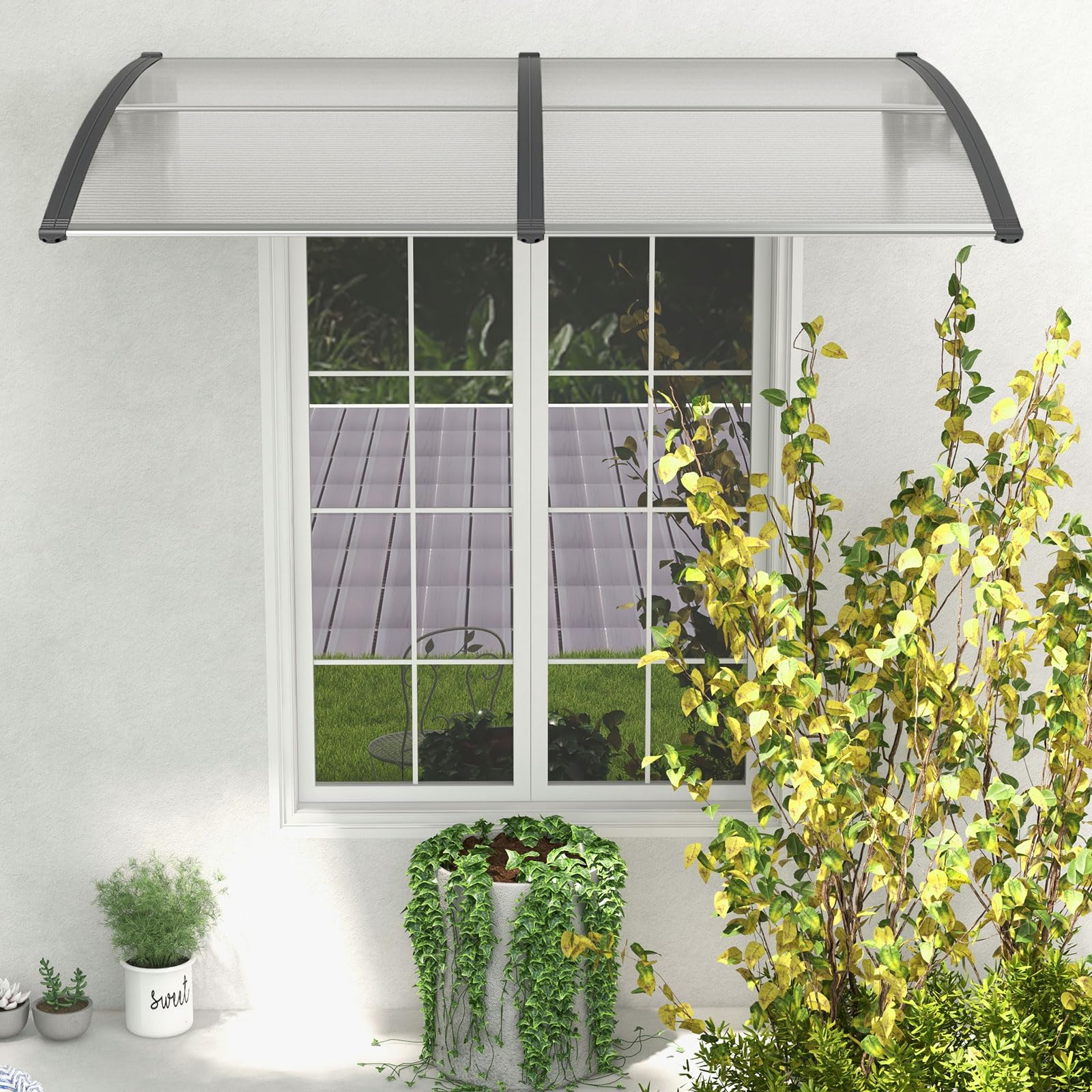 RELAX4LIFE Marquise de Porte Exterieur 200x100 CM, Auvent Porte d’Entrée en Polycarbonate, Protection Contre Pluie et UV, Auvent Marquise Aluminium pour Terrasse (200 x 100 cm,PC Transparent/Gris)