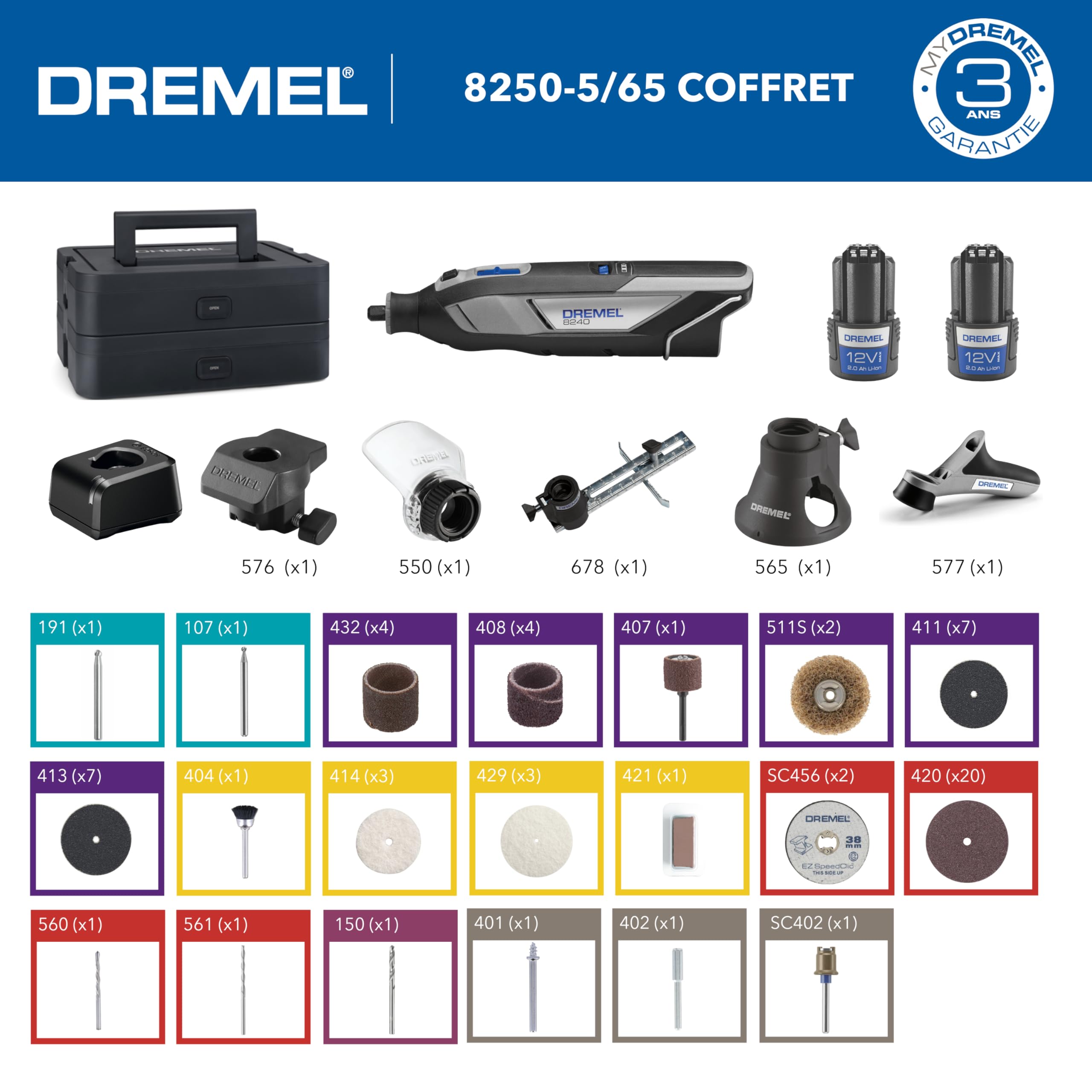 Dremel 8240 5/65 outil multi-usage sans-fil batterie 12V 2Ah, kit outil multi-usage avec 2 Batteries, 5 Adaptations, 1 boîte Platinum, 65 Accessoires