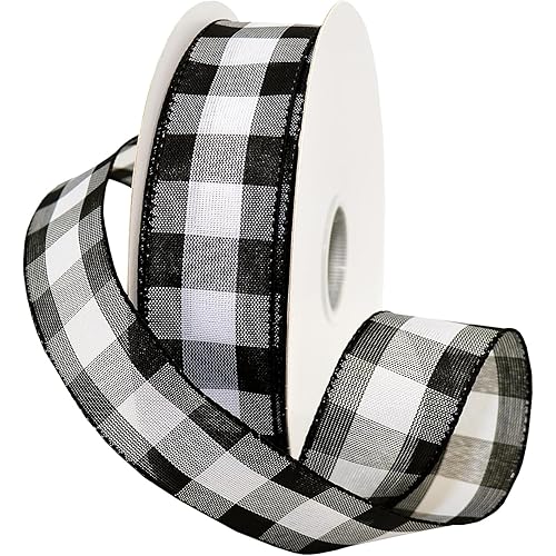 Morex Ribbon 7398.40/50-613 Cambridge 1.5" X 50 YD Wired Ribbon, Black and White, Buffalo Check Plaid Ribbon for Gift Wrapping, Christmas Decorations Indoor Home Decor, Craft Supplies & Materials