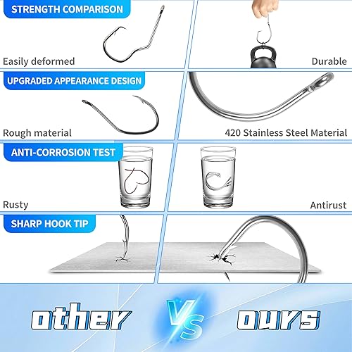 Miniatura 5 de Ganchos circulares para pesca de agua salada, 20 ganchos circulares de acero inoxidable, 2 ganchos circulares extrafuertes en línea, ganchos de agua