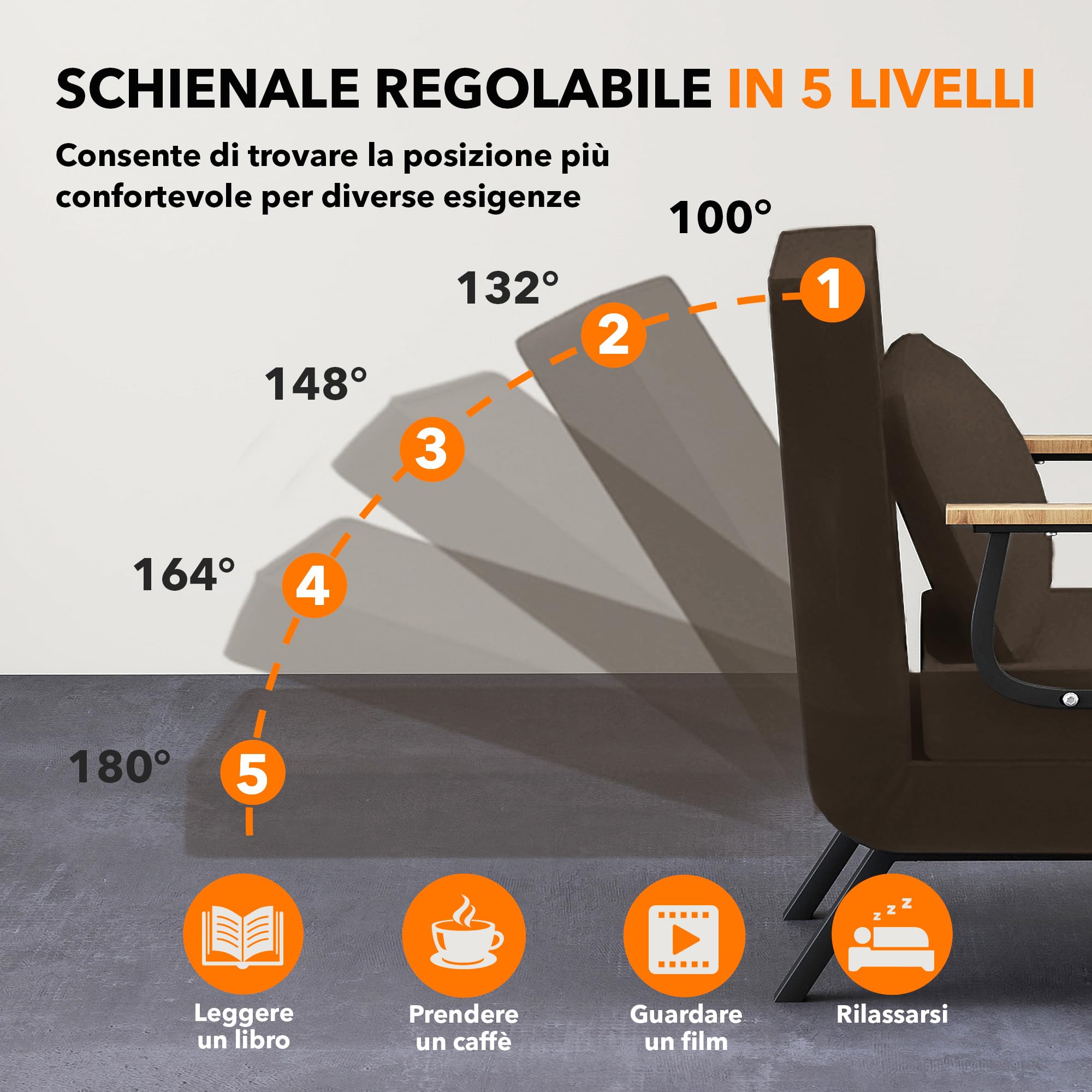 Fabulcozy Divano letto convertibile 3 in 1, poltrona regolabile 5 posizioni, fodera rimovibile in lino cotone, cuscino spesso, gambe in metallo trapezio inclinato, braccioli in legno e metallo, per