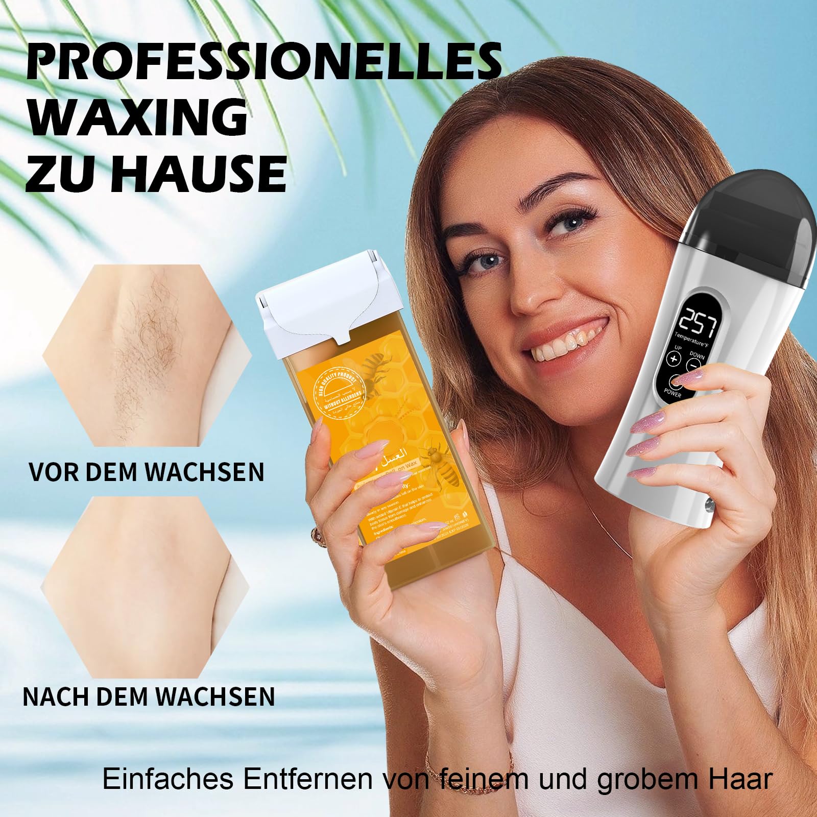 Roll On Wachsgerät Set, Demine Waxing Set für Wachs Haarentfernung, Digitales Wax Maschine mit 2 Honig Roll On Wachspatronen, 100 Vliesstreifen, Waxing Vor- und Nachbehandlung Set