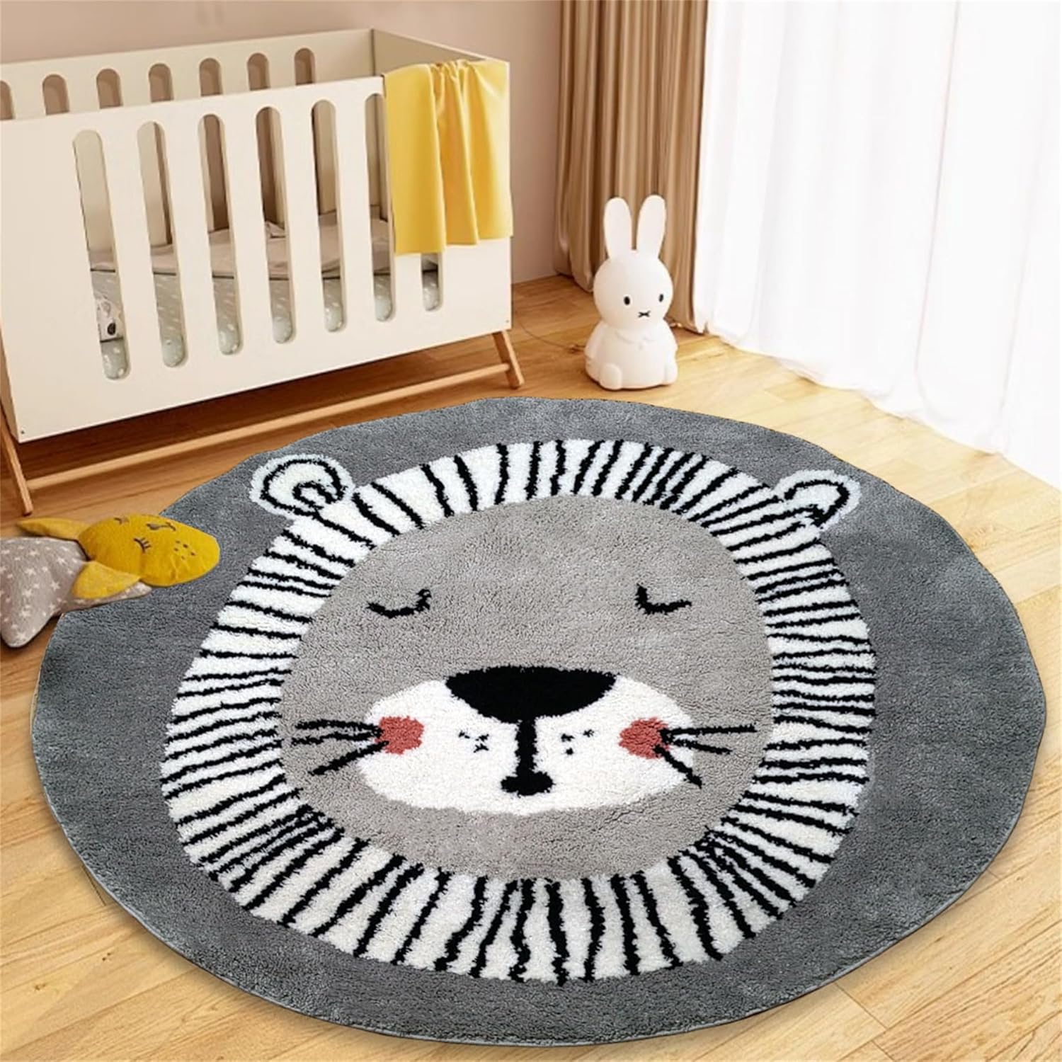 Grey Lion Area Rug Nursery Rug Boys Girls Rug Crawling Mat Grey Cartoon Lion Rug Lion Play Mat 4Ft Round Animal Rug Carpet for Kids Playroom Classroom Nursery Decor