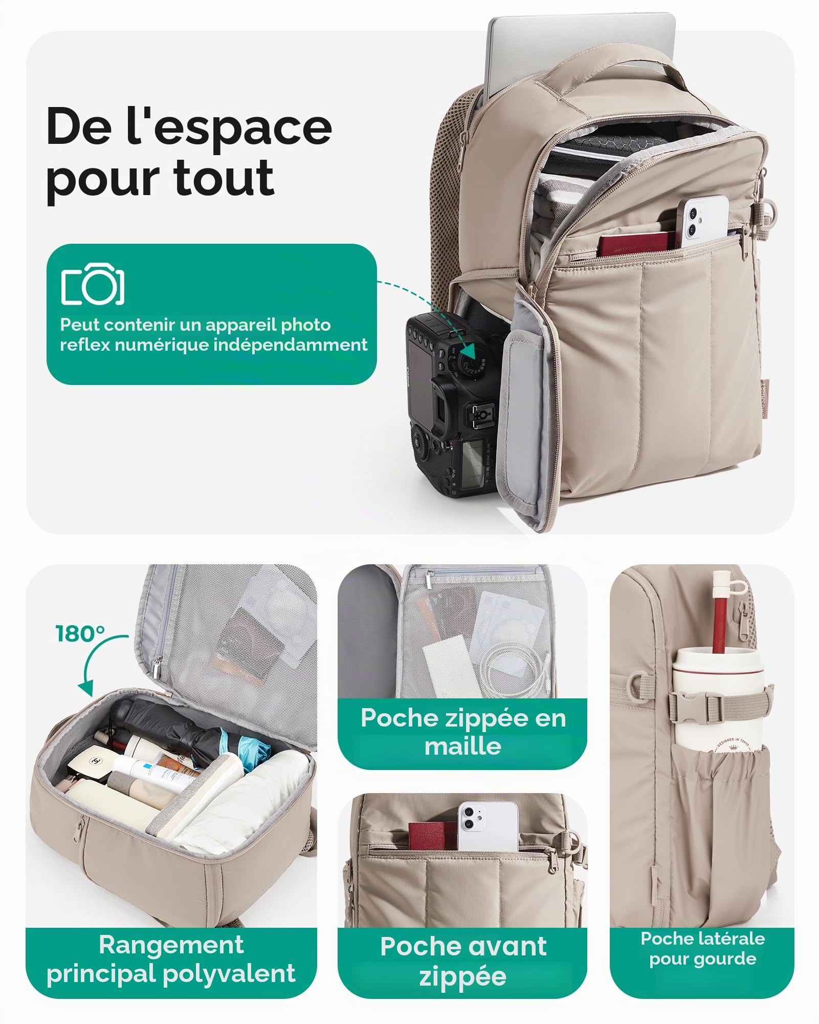 Bagsmart Sac à dos pour appareil photo, sac pour appareil photo DSLR SLR compatible avec ordinateurs portables de 33,78 cm (13,3 pouces), sac photo étanche, Marron café, 35 x 25,5 x 14 cm, Fashion