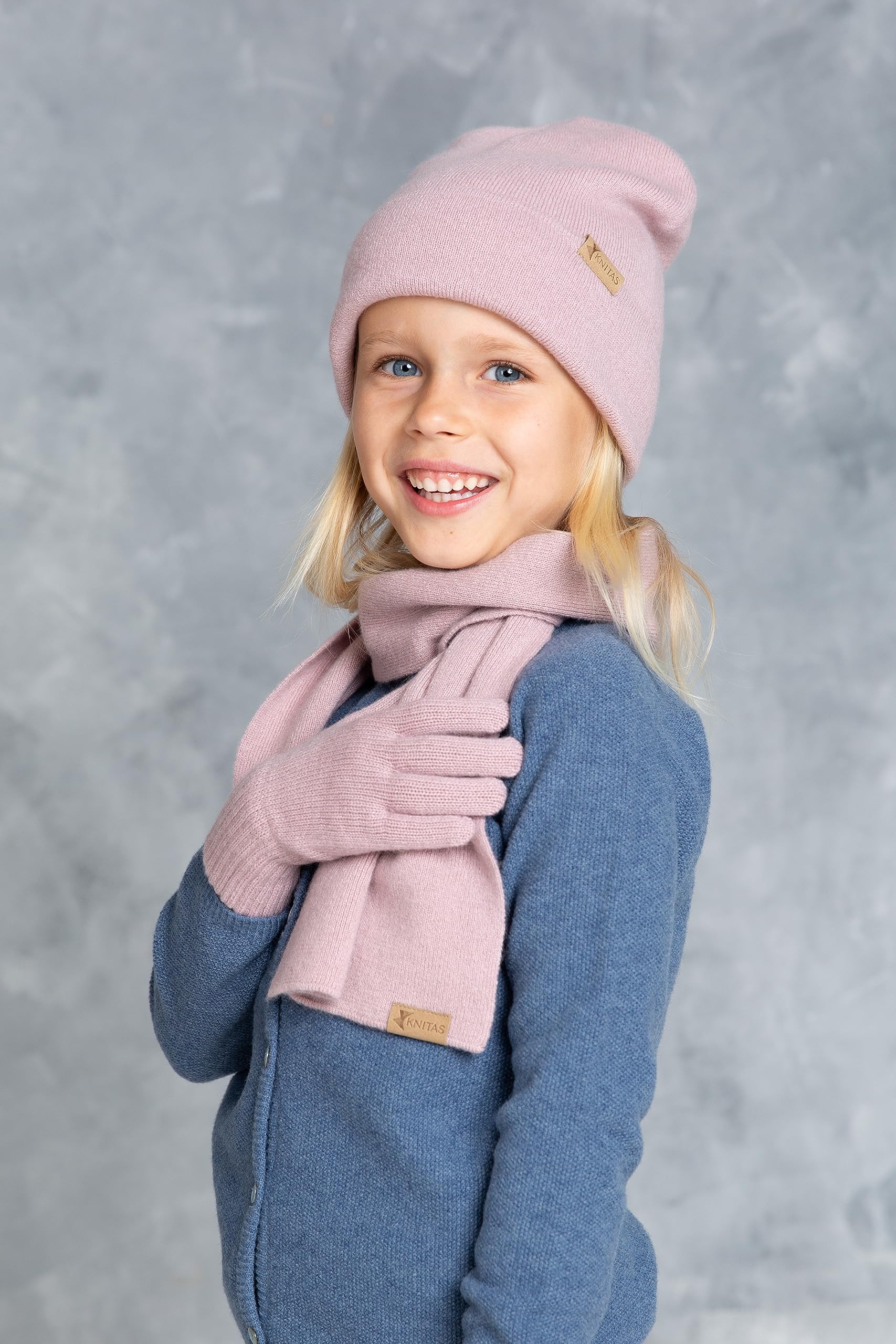 Sciarpa in Merino e Cashmere per Bambini, Calda Sciarpa Invernale a Maglia, Rosa, 110x18cm