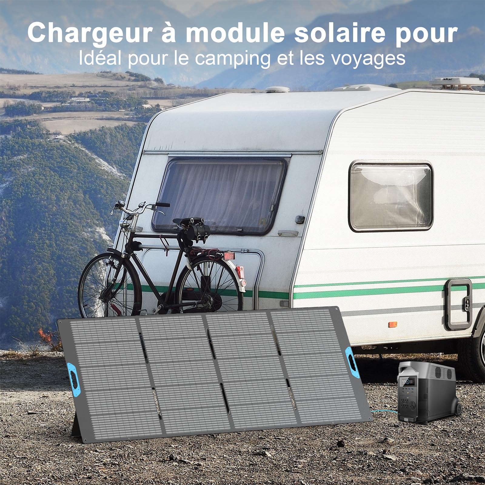 Panel solar 400 W, rendimiento del 23,5%, impermeable IP67, ETEF Monocristalino Panel Solar Portátil con soporte integrado para Central Eléctrica, Camping, Exterior, Jardín