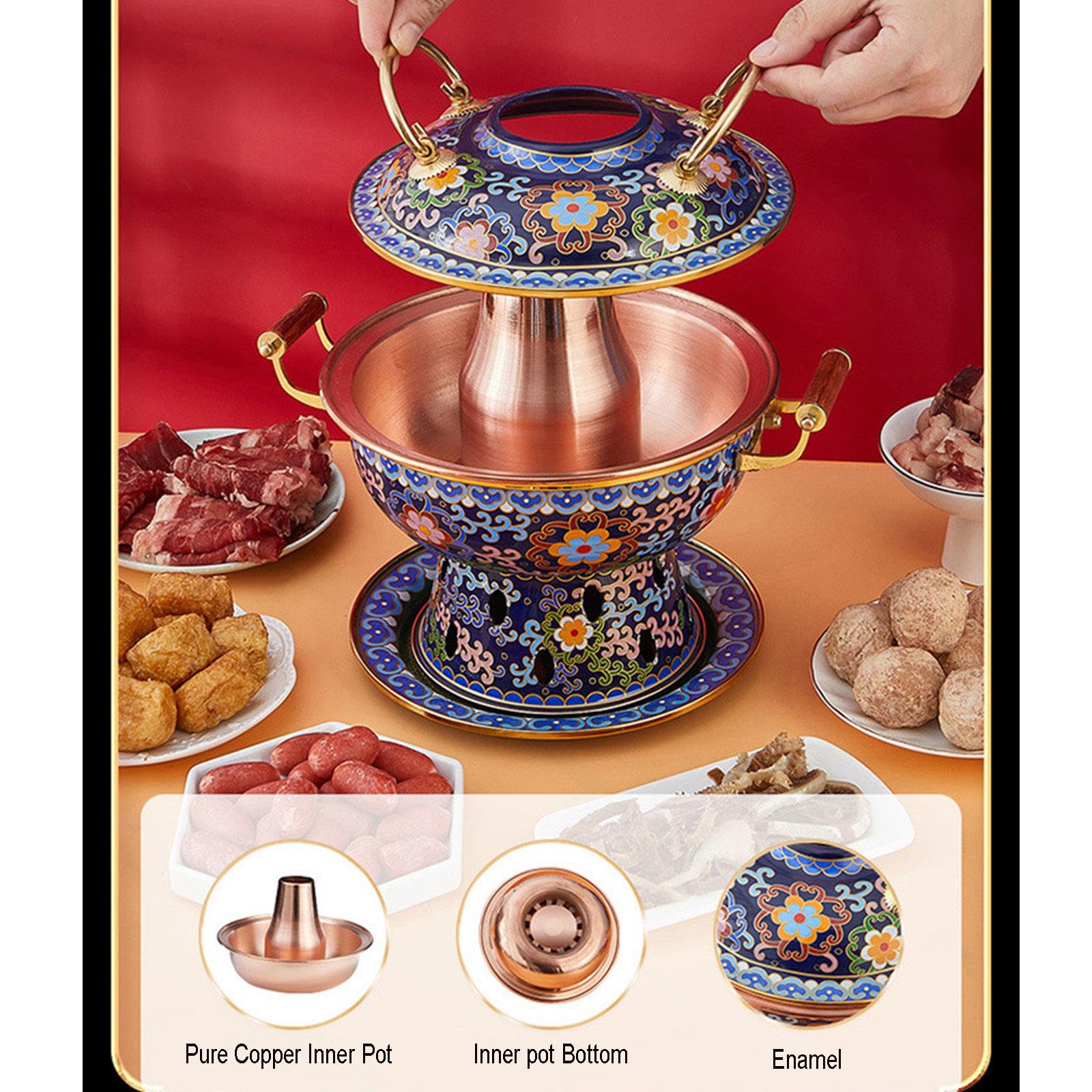 UNYQBFKM Chinese Old Beijing Traditional Chafing Dishes Cloisonne Copper Hot Pot Single Person Small Hot Pot for Kitchen Catering Parties Hotels Dining,F
