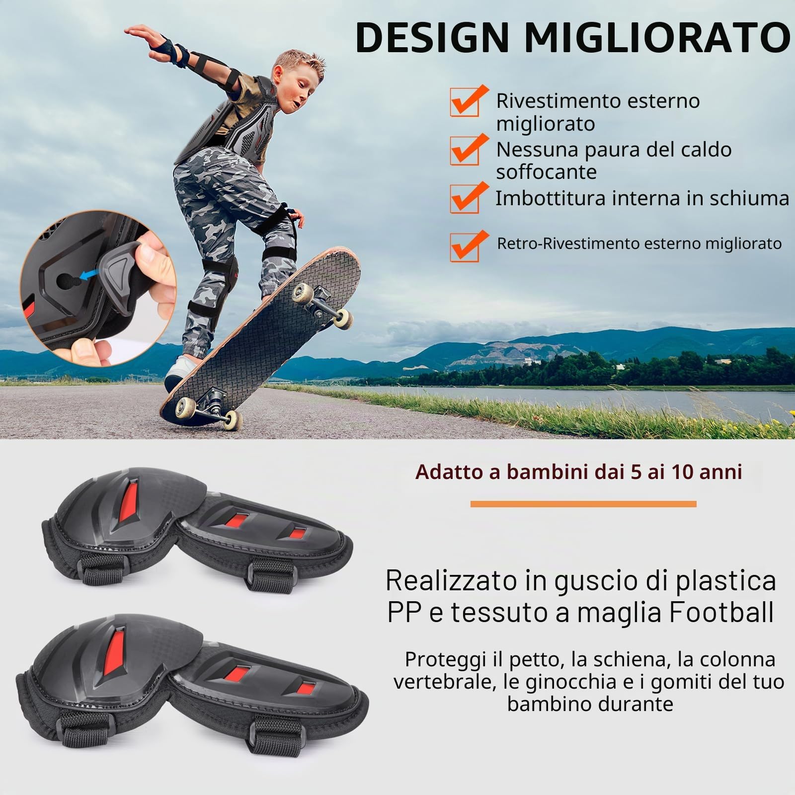PELLOR Aggiornato Armatura Moto Per Bambini, 5 Pezzi Set Pettorina Motocross Bambino con Ginocchio/Gomiti/Torace, Paraschiena Moto Protezione Torace Ideale per Ciclismo,Sci,Equitazione,Skateboard