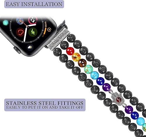 Miniatura 5 de Pulsera curativa de 7 chakras, protección de roca de lava, banda Hamsa con cuentas de mano compatible con Apple Watch SE 6 5 4 3 2 1 iWatch 1.496 in