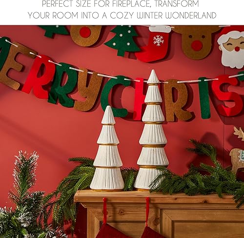 Miniatura 4 de WONDROUS' DECO Juego de 2 figuras de árbol de Navidad, decoración de mesa blanca y dorada, juego de 2 decoraciones artificiales de madera para árbol