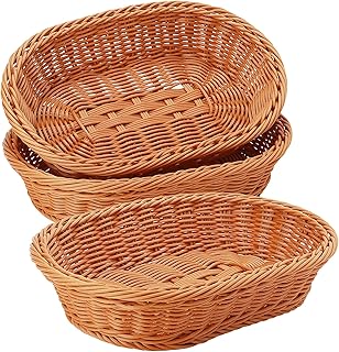 JAPCHET 3 PCS Oval Wicker Food Basket, 30 x 20 x 7cm Imitation Rattan, for Fruit, Bread, Vegetables