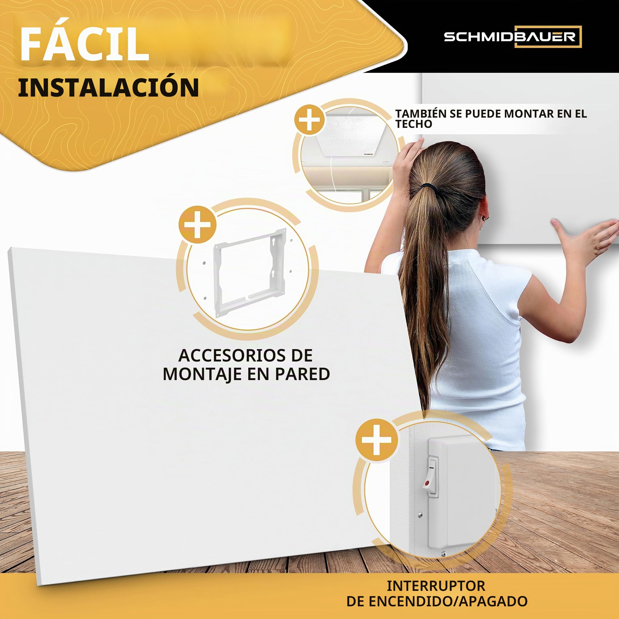 SCHMIDBAUER® Calefacción por infrarrojos Concept de 700 W, incluye accesorios de montaje, soporte de pared o techo Easy Click, protección contra sobrecalentamiento, soldado sin marco, recubierto de