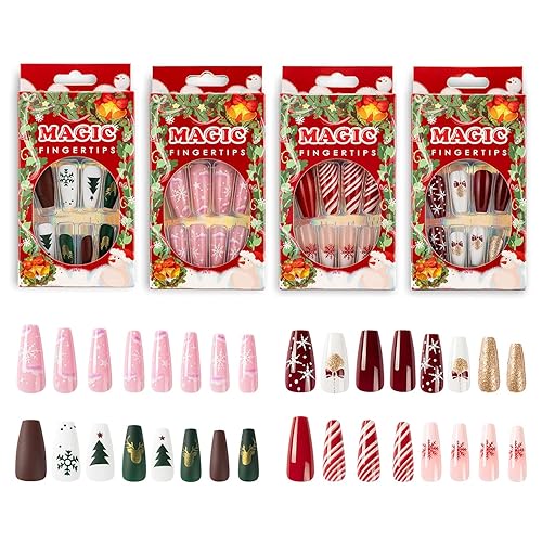 Noverlife 96 uñas largas de Navidad a presión con pestañas autoadhesivas de pegamento de gelatina, decoración de uñas de Navidad, puntas de uñas