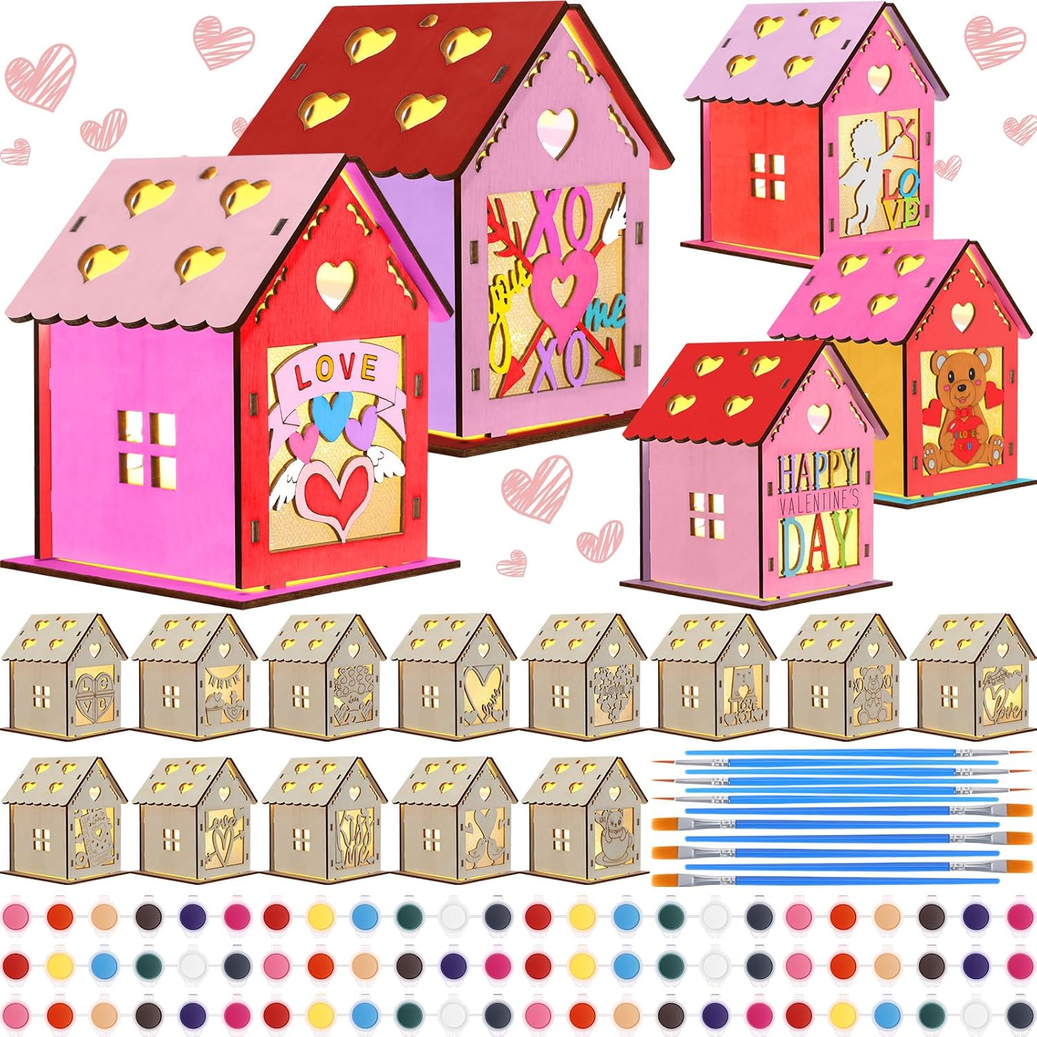 Qunclay 18 Pcs LED Valentine's Day Craft DIY Wooden Houses to Paint, Valentine's Day Wooden Decor, DIY Light up Unfinished Wood Sweet Heart Craft Houses with Brushes for Valentines Gift Ornaments
