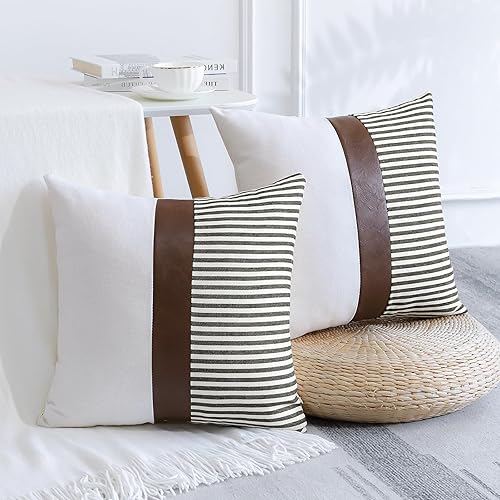 Miniatura 4 de OTOSTAR Juego de 2 fundas de almohada de lino con parches de rayas de 24 x 24 pulgadas, fundas de almohada modernas de piel sintética marrón bohemio