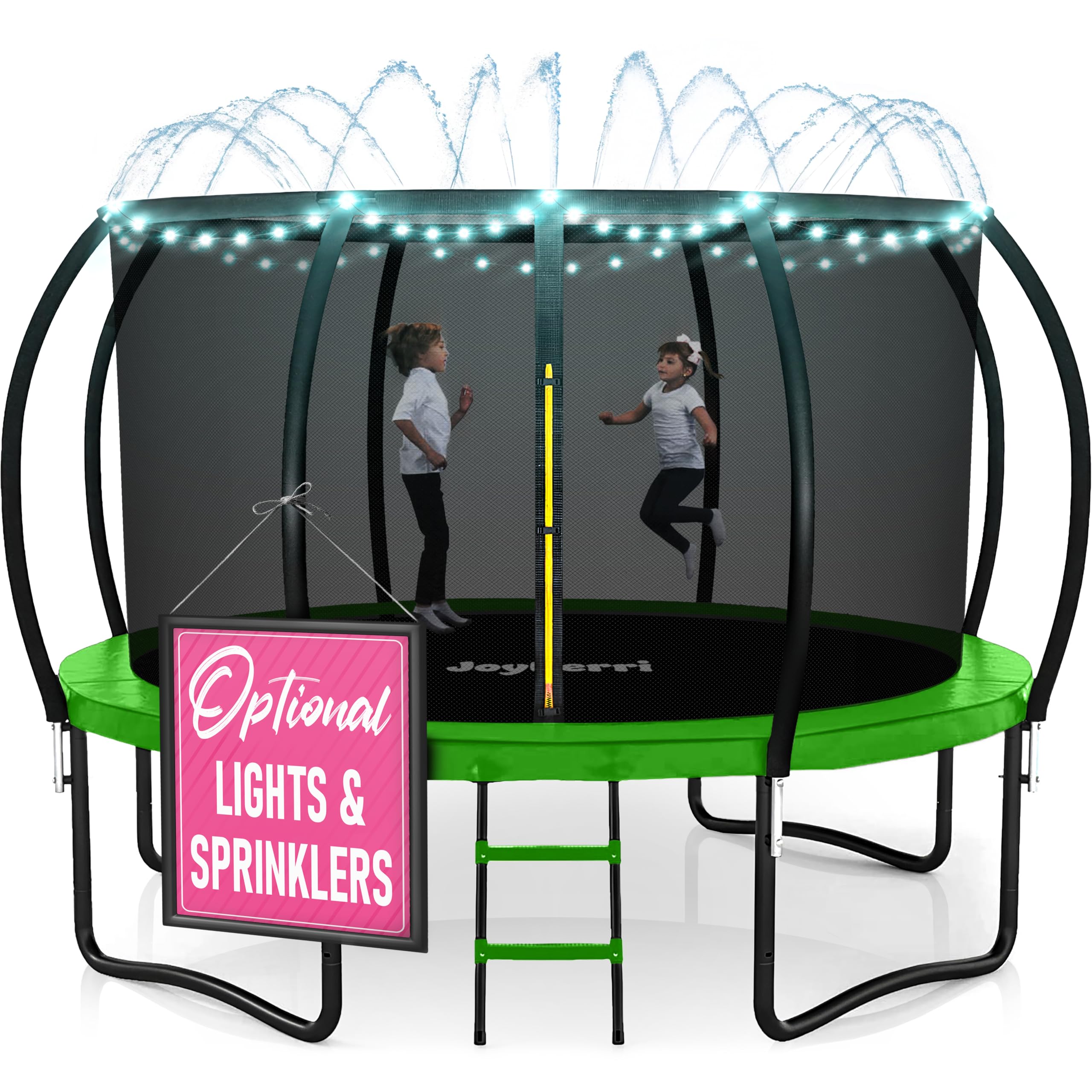JoyBerri Upsurge Trampoline Outdoor - ASTM Certified Safe 8Ft 10Ft 12Ft 14Ft 15Ft 16Ft Recreational Trampoline for Kids and Adults. Anti-Rust Coating with Enclosure Net, Ladder, Sprinkler & LED Lights