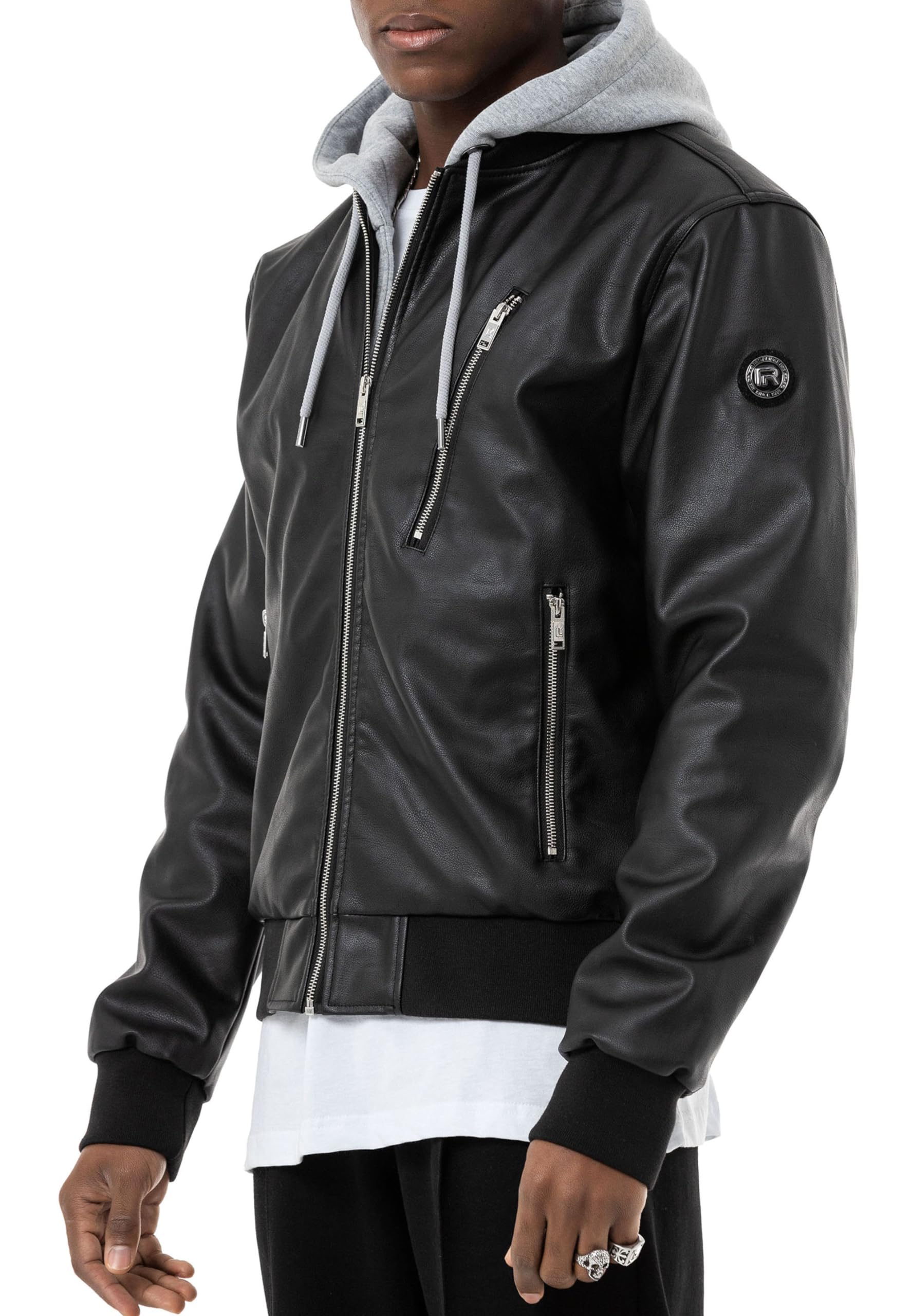 Red Bridge - Chaqueta bomber de piel sintética para hombre con capucha desmontable