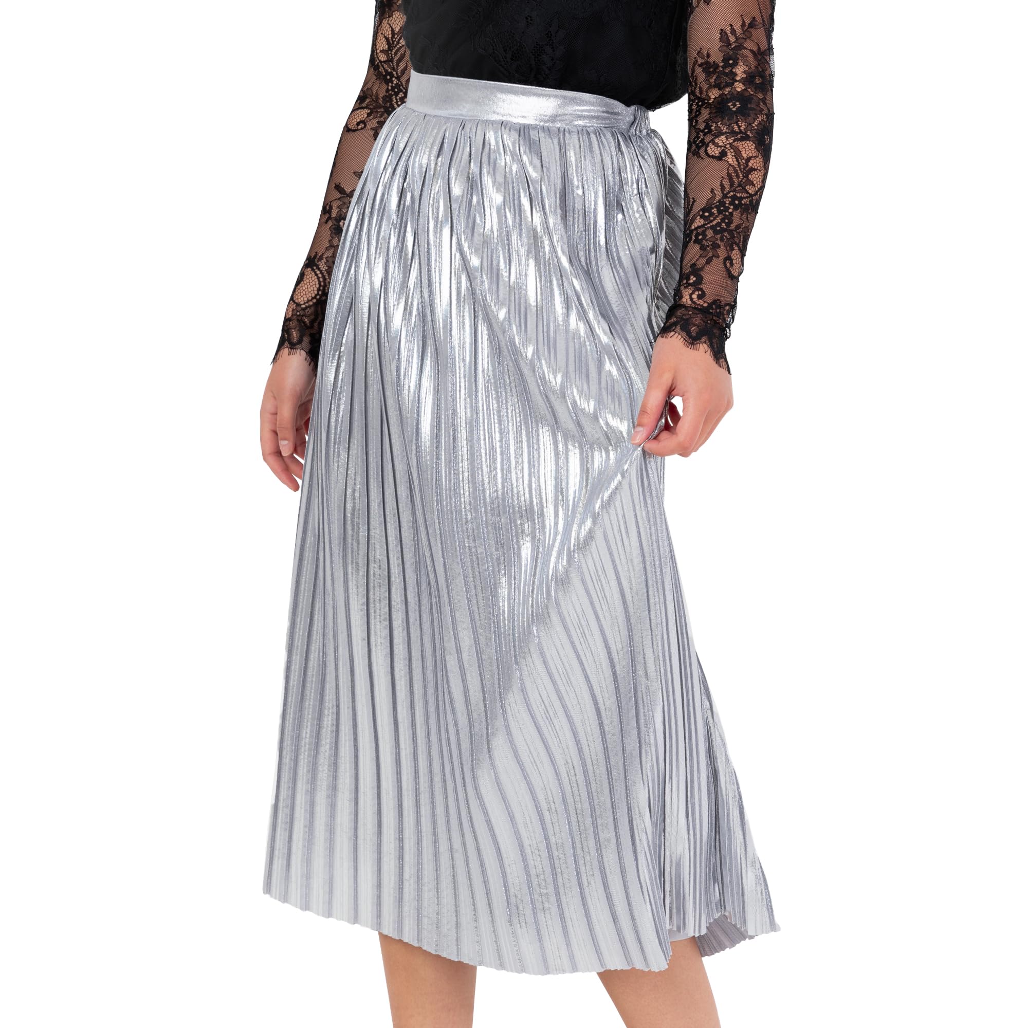 Women's Midi Skirt Ladies Pleated A-line Elasticated Waist Metallic Shiny Lined Smart-Casual Office Wear Party