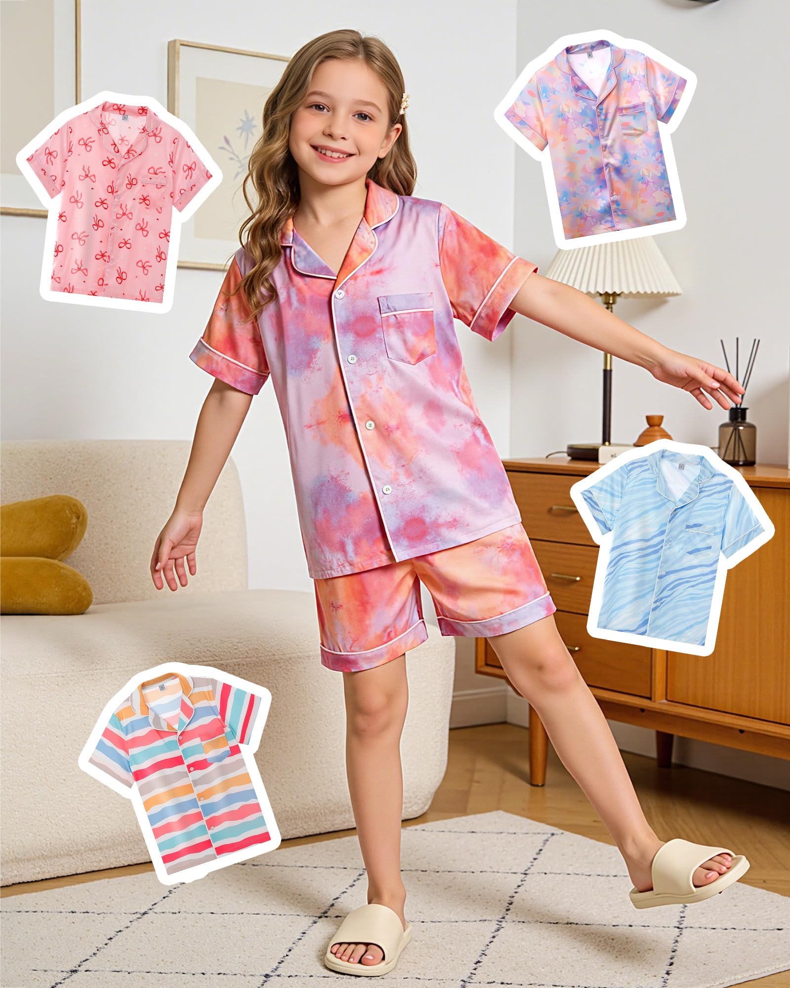 KAKU NANU Pijama de Satén para Niñas Verano 5-13 Años,Conjunto de 2 Piezas con Botones de Manga Corta-Pijama de Verano Transpirable y Suave 5 Estampados Surtidos