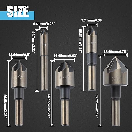 Miniatura 3 de Juego de 5 brocas avellanadas M35 cobalto puntas avellanadas afiladas y duraderas para metal, madera y plástico, 82 grados, 5 flautas con estuche de