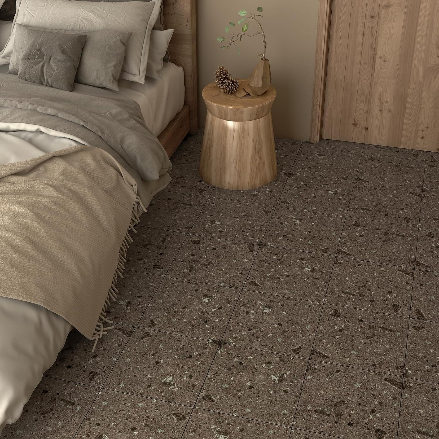 VaryStyle 18-Sheet Vinyl Flooring Brown Terrazzo Floor Tiles Peel and Stick Waterproof Bathroom Flooring 12"x12" Removable Renter Friendly Thick Sticky Tile for Floor Covering Kitchen Bedroom