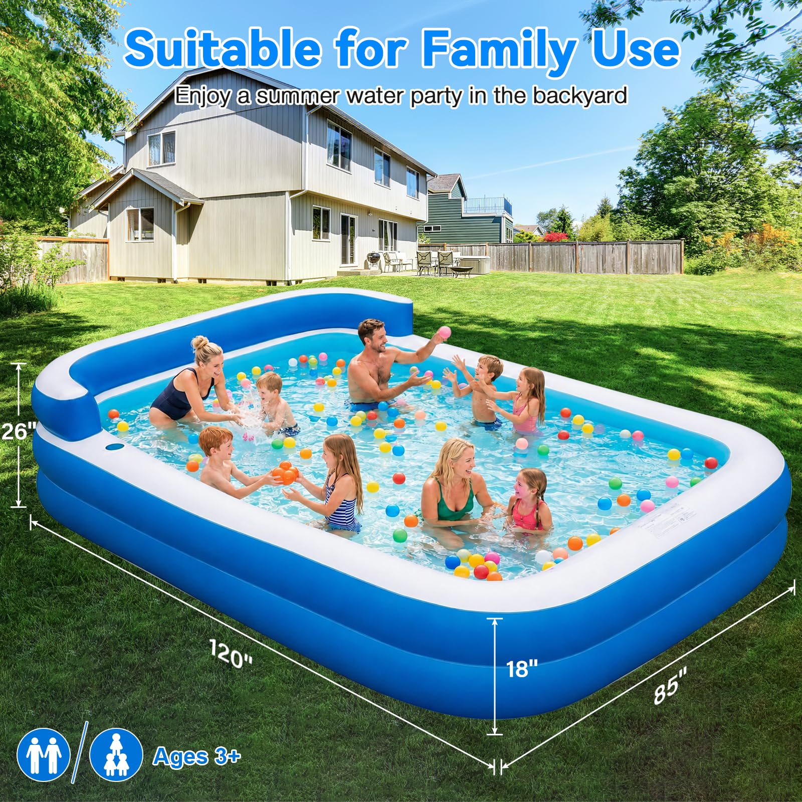 Piscina gonfiabile extra large con pompa a sedili, 304,8 x 215,9 x 66 cm, spessa e resistente, piscina per adulti, piscina gonfiabile per cortile, giardino, feste estive in acqua | Piscina, 160