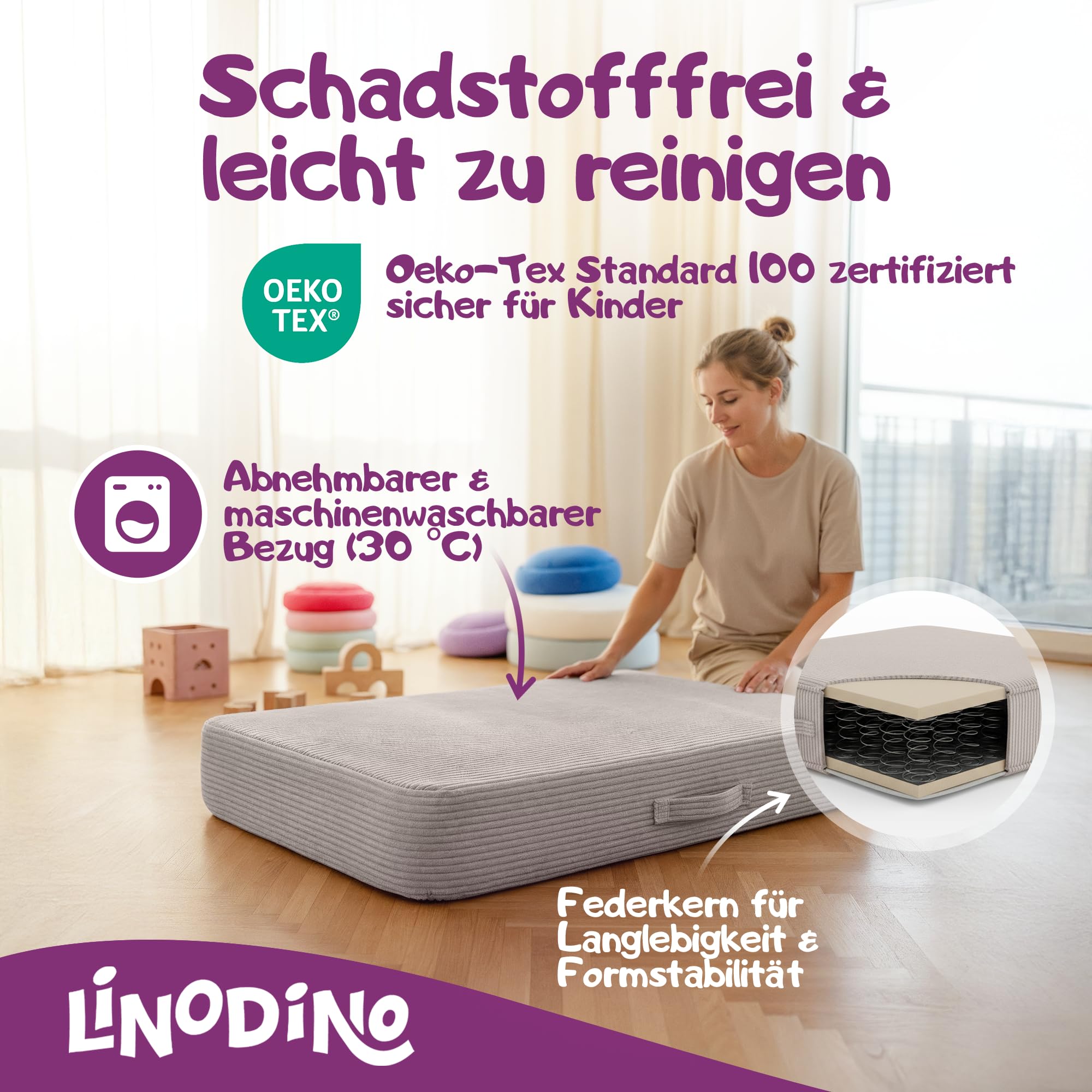 Linodino Hüpfpolster für Kinder 107x70x17cm – Hüpfmatratze Cord-Bezug mit Federkern – Oeko-Tex Standard 100 Zertifiziert & waschbar