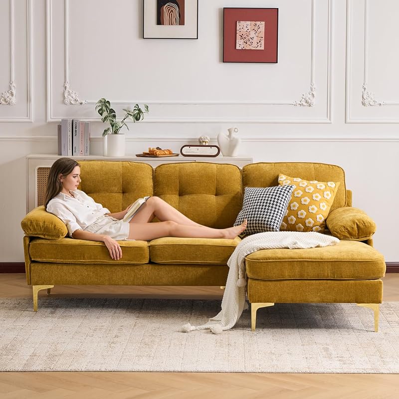 Klmskuk 85" L-Shaped Chenille Sectional Couches for Living Room,Yellow image 2