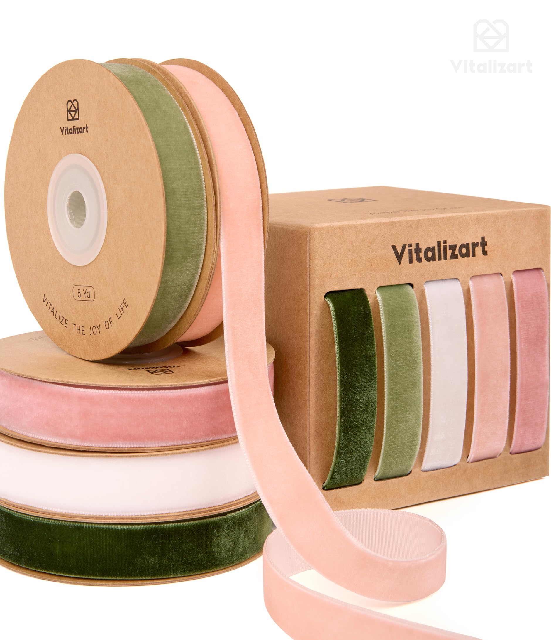 Vitalizart 5/8" x 25 Yd Green & Pink Craft Velvet Ribbon 5 Rolls x 5 Yd