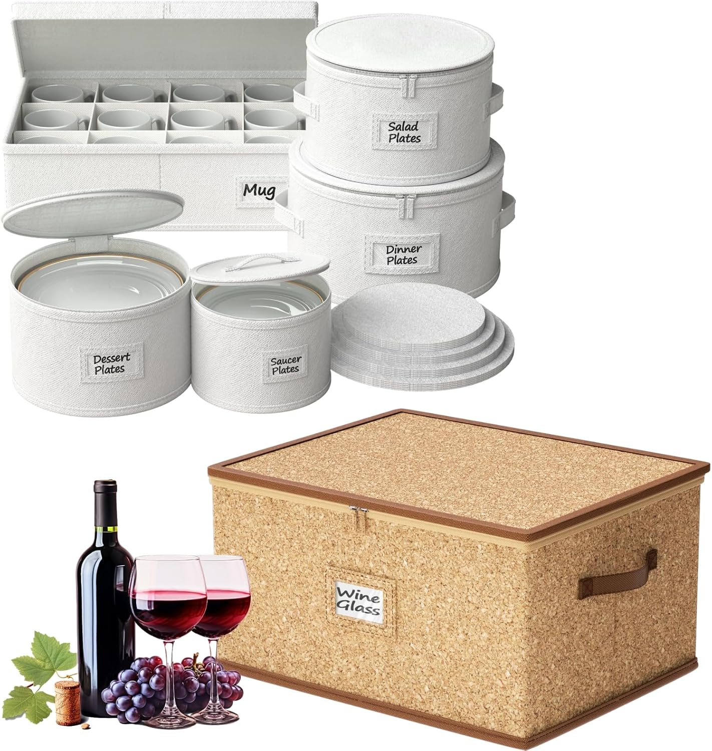 Ofiray-home Hard Shell, Stackable 5 Piece China Storage Containers & Wine Glass Storage Box with Dividers,Handles & Labe, Perfect for Kitchen & Moving Supplies