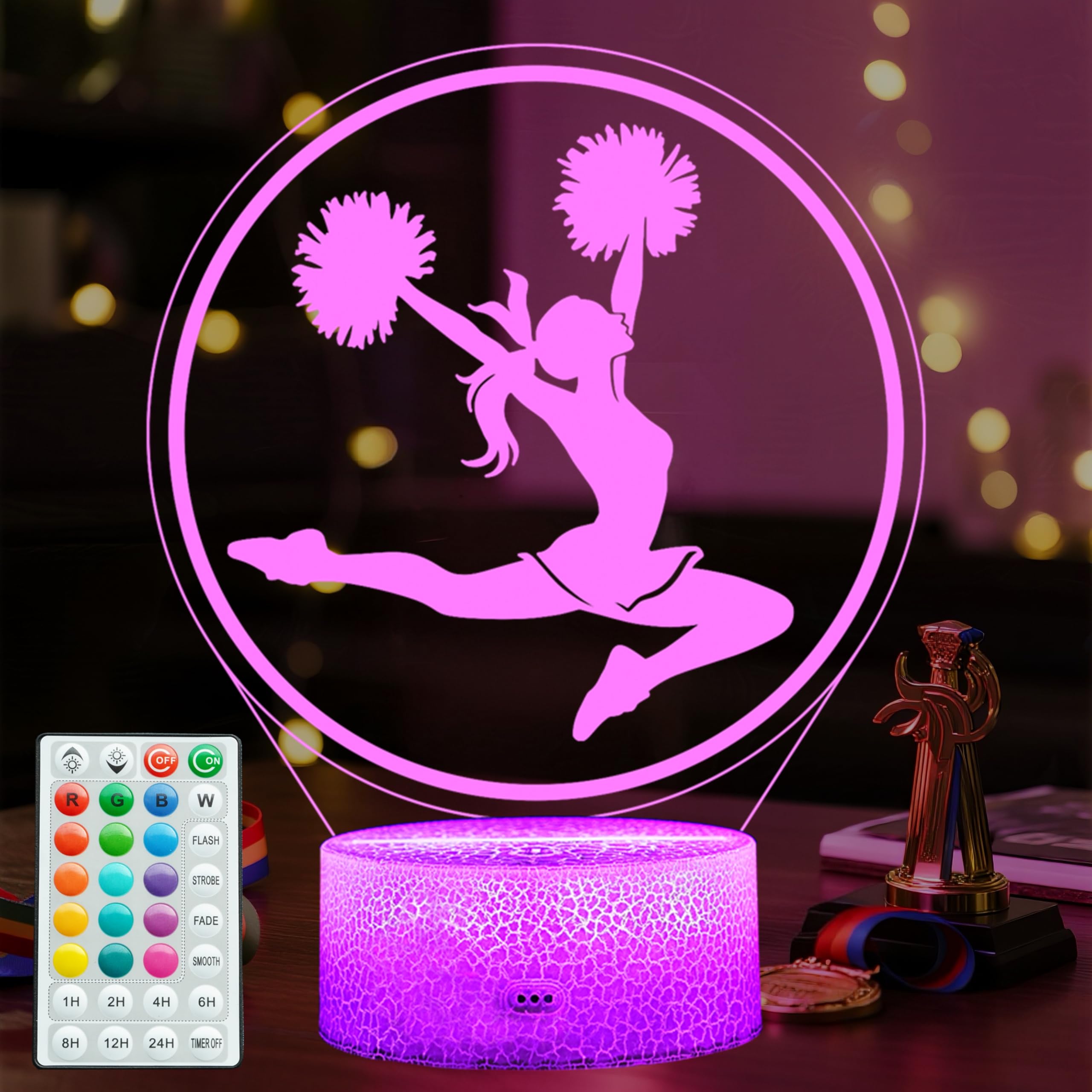 Cheerleader Gifts, Cheerleader 3D Night Light with 16 Colors Changing, Timer, 4 Flash Modes and Dimmable, for Birthday Xmas Cheering Squad Gifts for Room Decor Girls