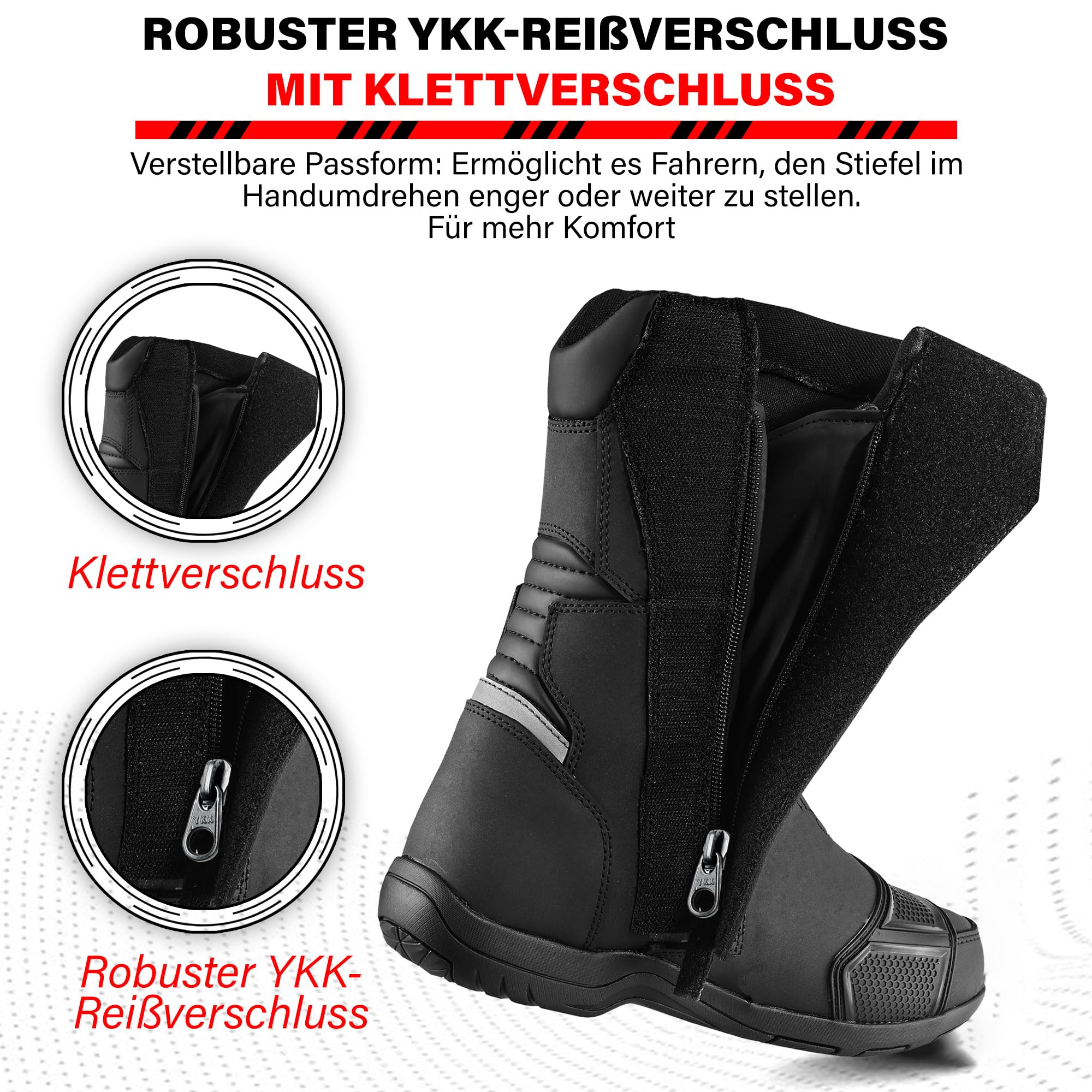 Motorradstiefel für Herren, wasserdicht, verstärkt und leicht, rutschfeste Gummisohle, Knöchel- und Fersenschutz, CE-reflektierende Details
